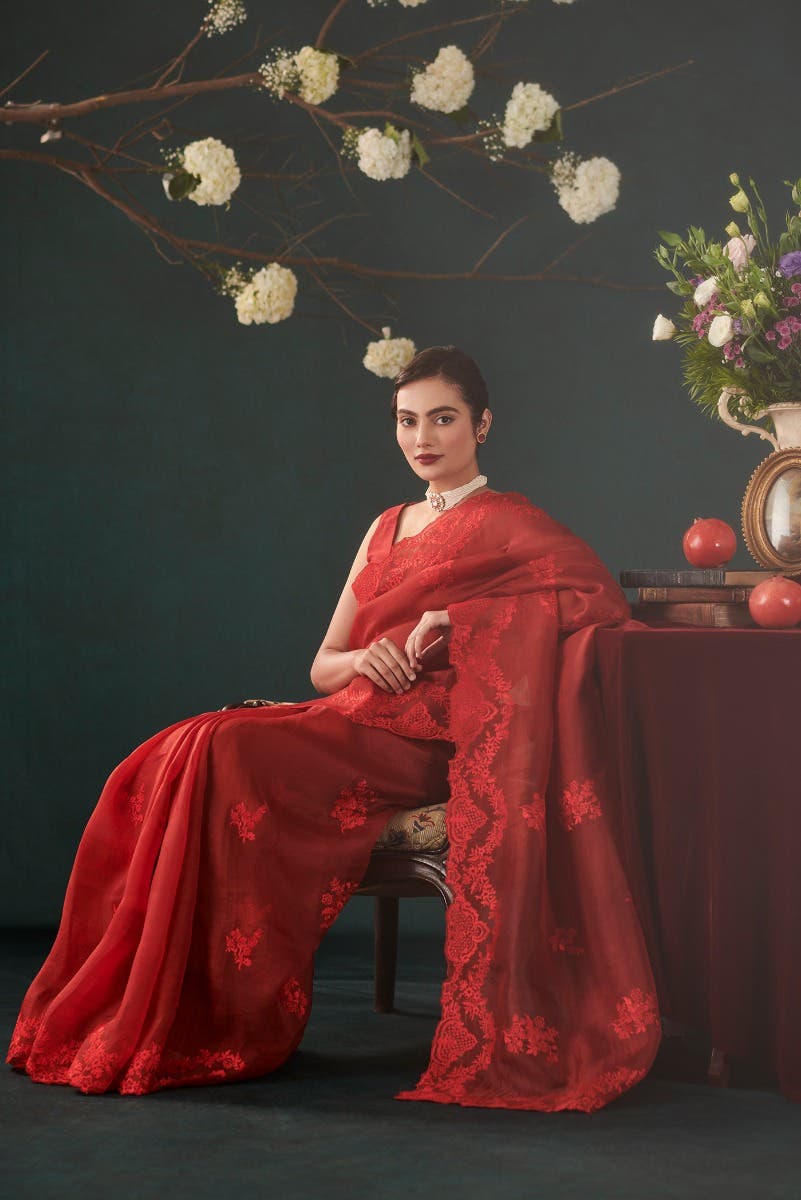 Peonia Maroon floral design saree from Embroidered Romance Collection by Nalli - Image 7