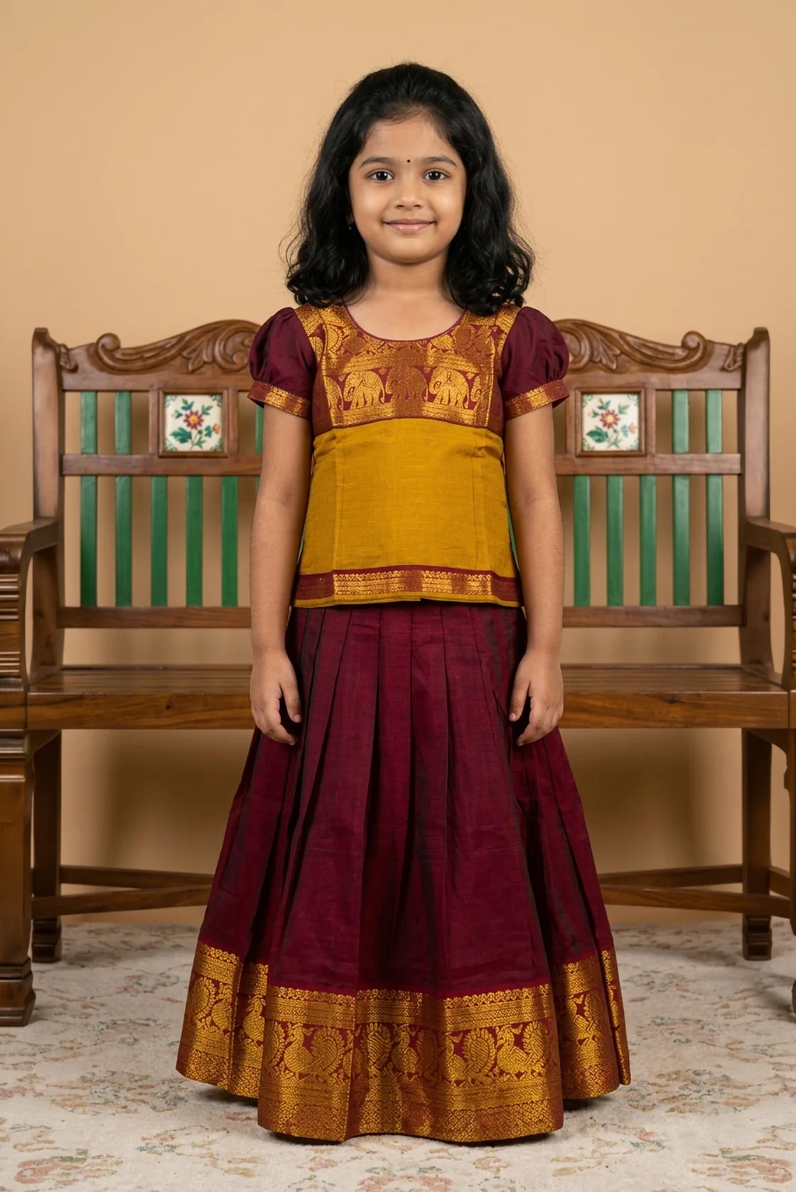 Maroon Readymade Cotton Pavadai Set  | Lehanga & Blouse