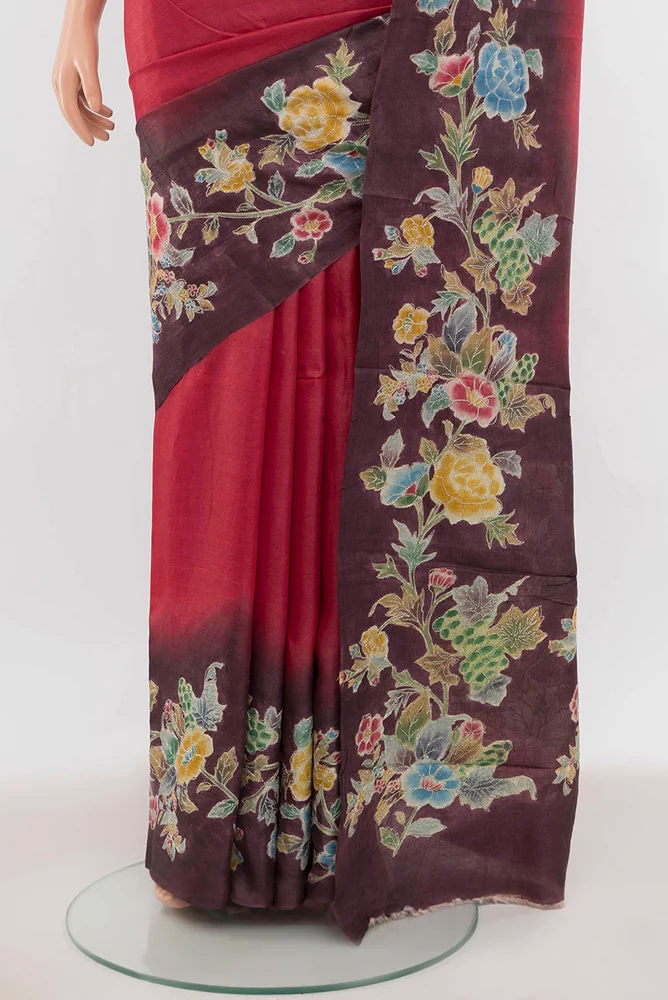 Red Tussar Silk Saree - Image 3