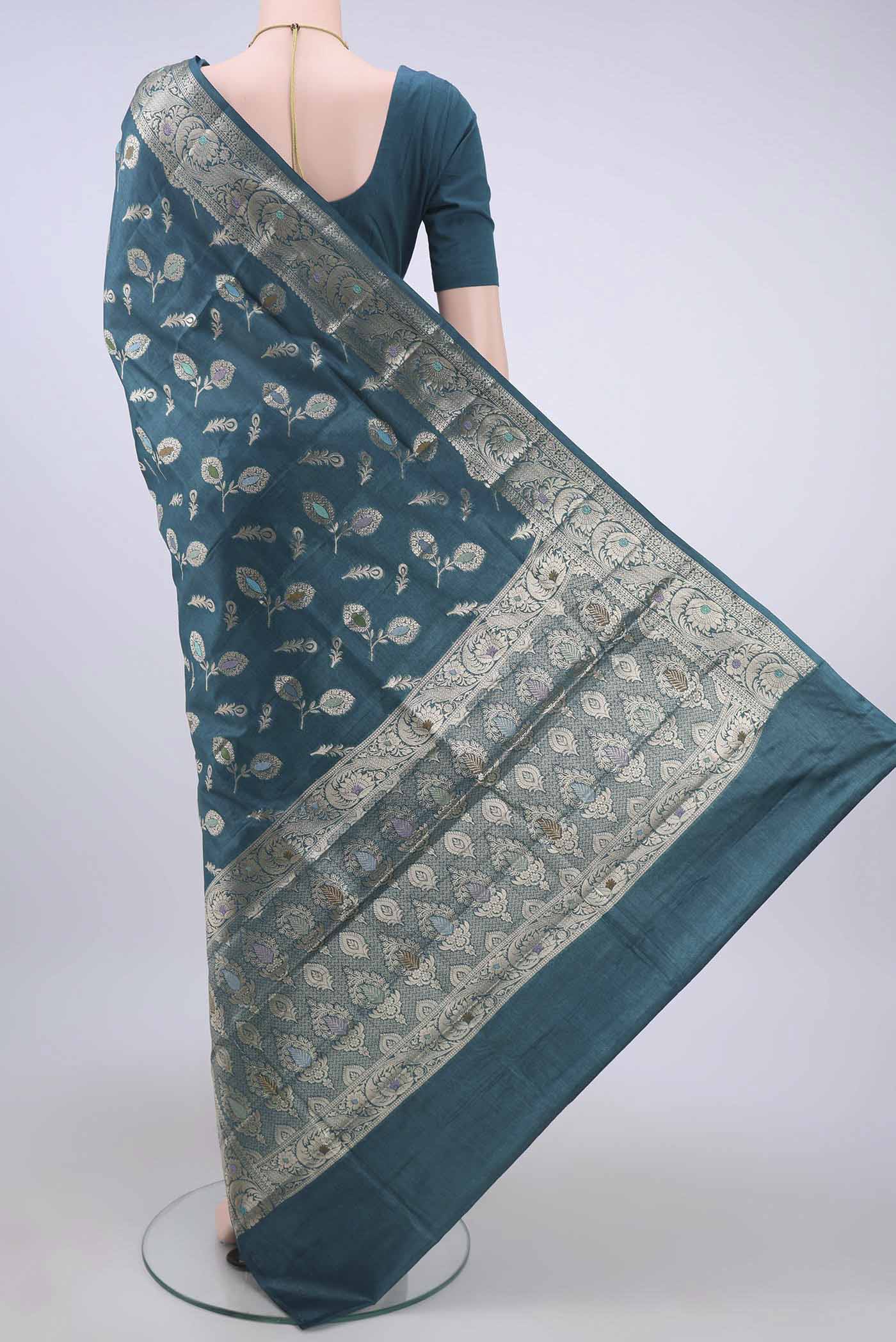 Maya Blue Banarasi Raw Silk Saree - Image 3
