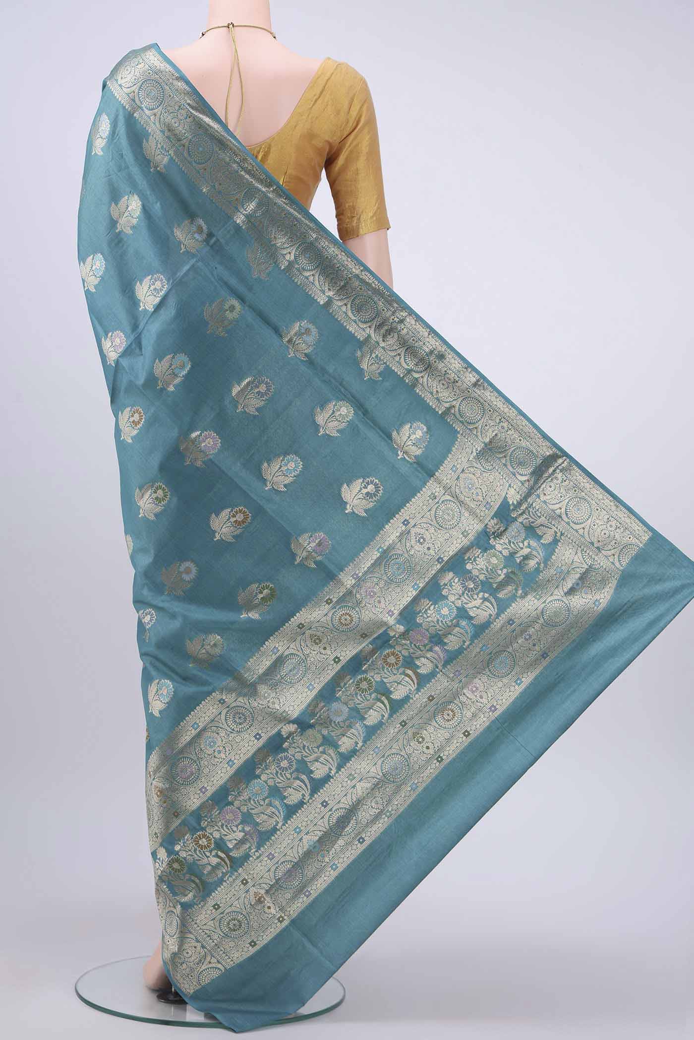 Maya Blue Banarasi Raw Silk Saree - Image 3