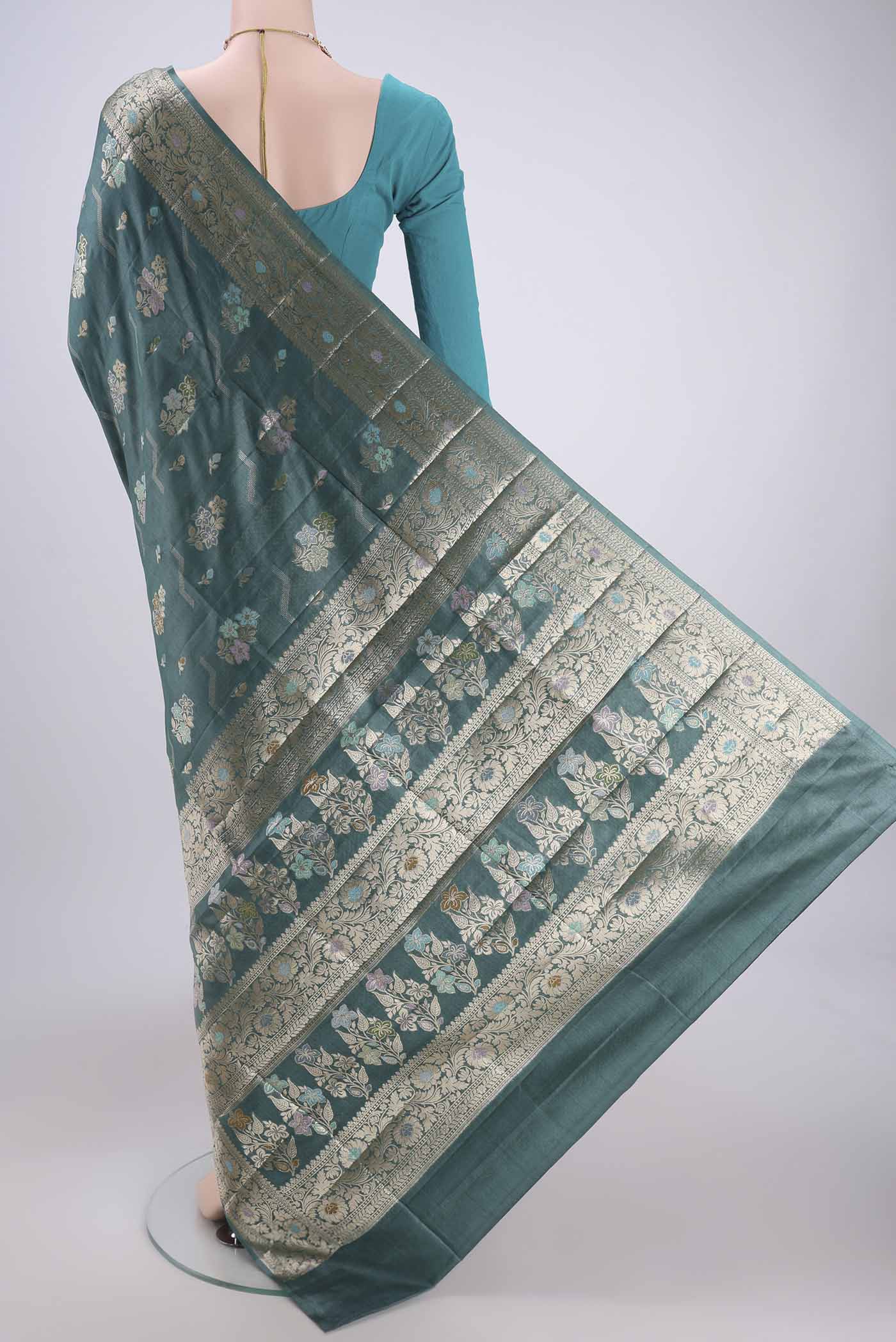 Maya Blue Banarasi Tussar Silk Saree - Image 3