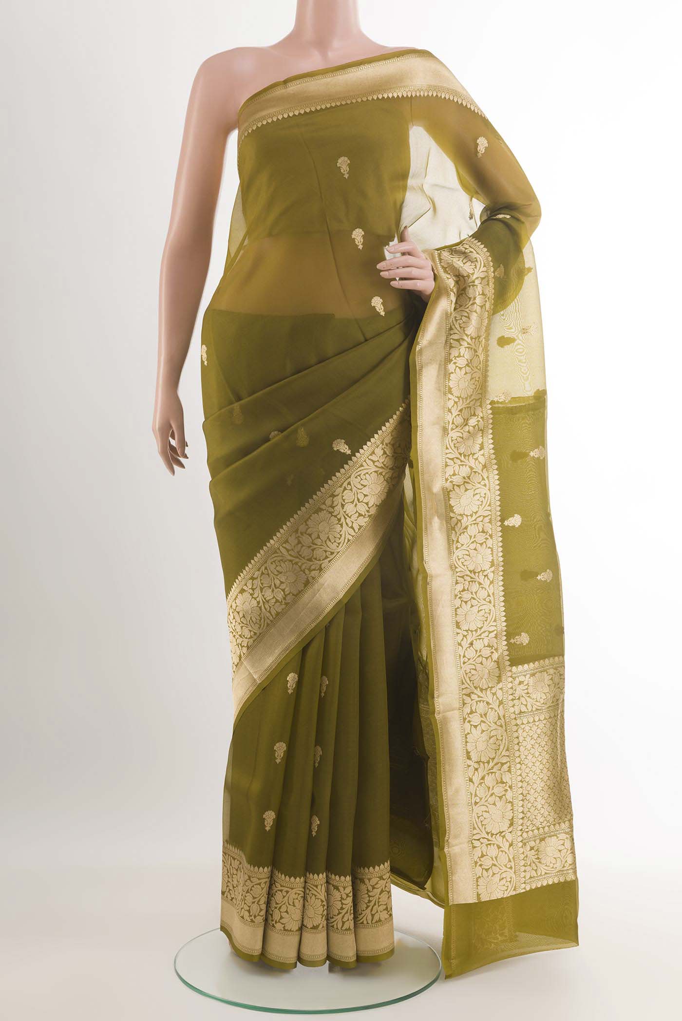 Mehandi Green Banarasi Kora Silk Saree