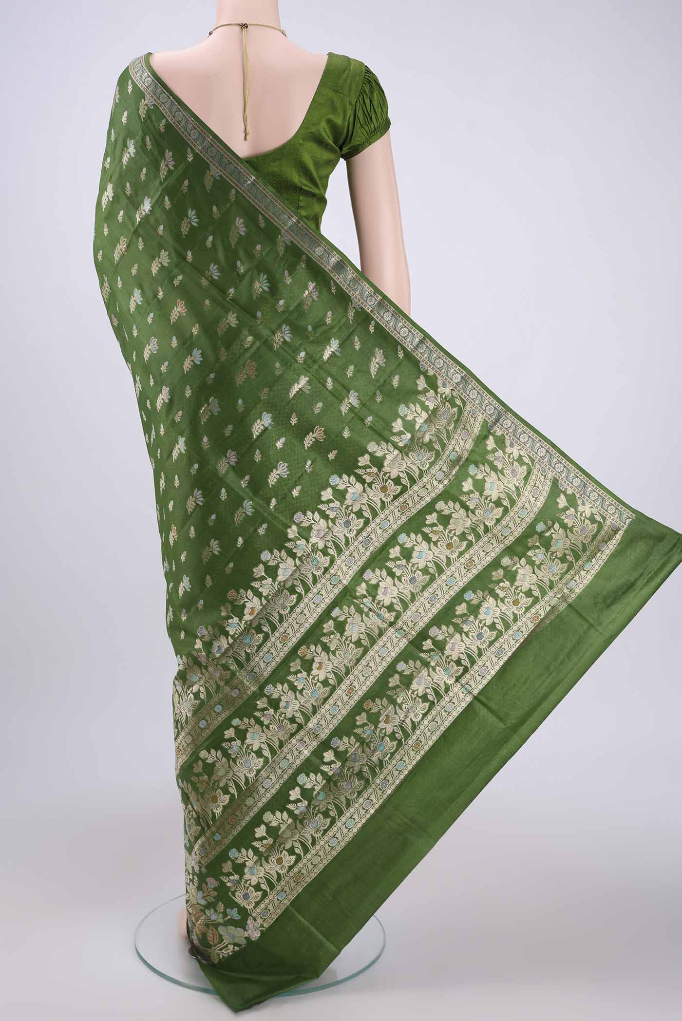 Mehandi Green Banarasi Tussar Silk Saree - Image 3