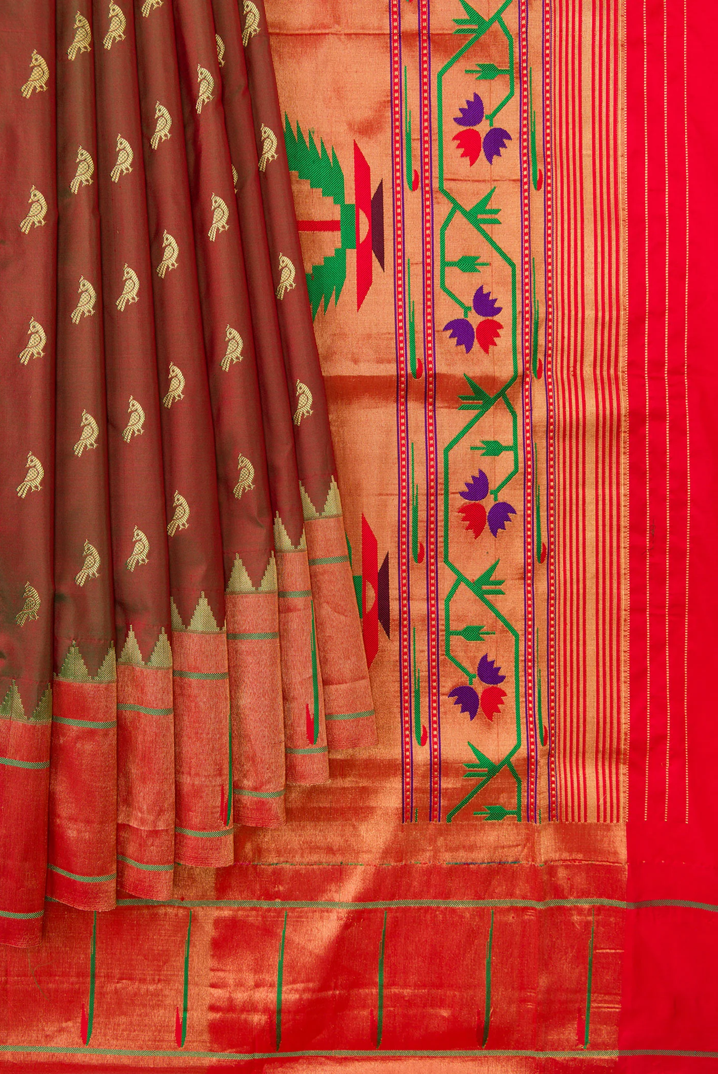 Green with Red Color Paithani Silk Saree - Image 4