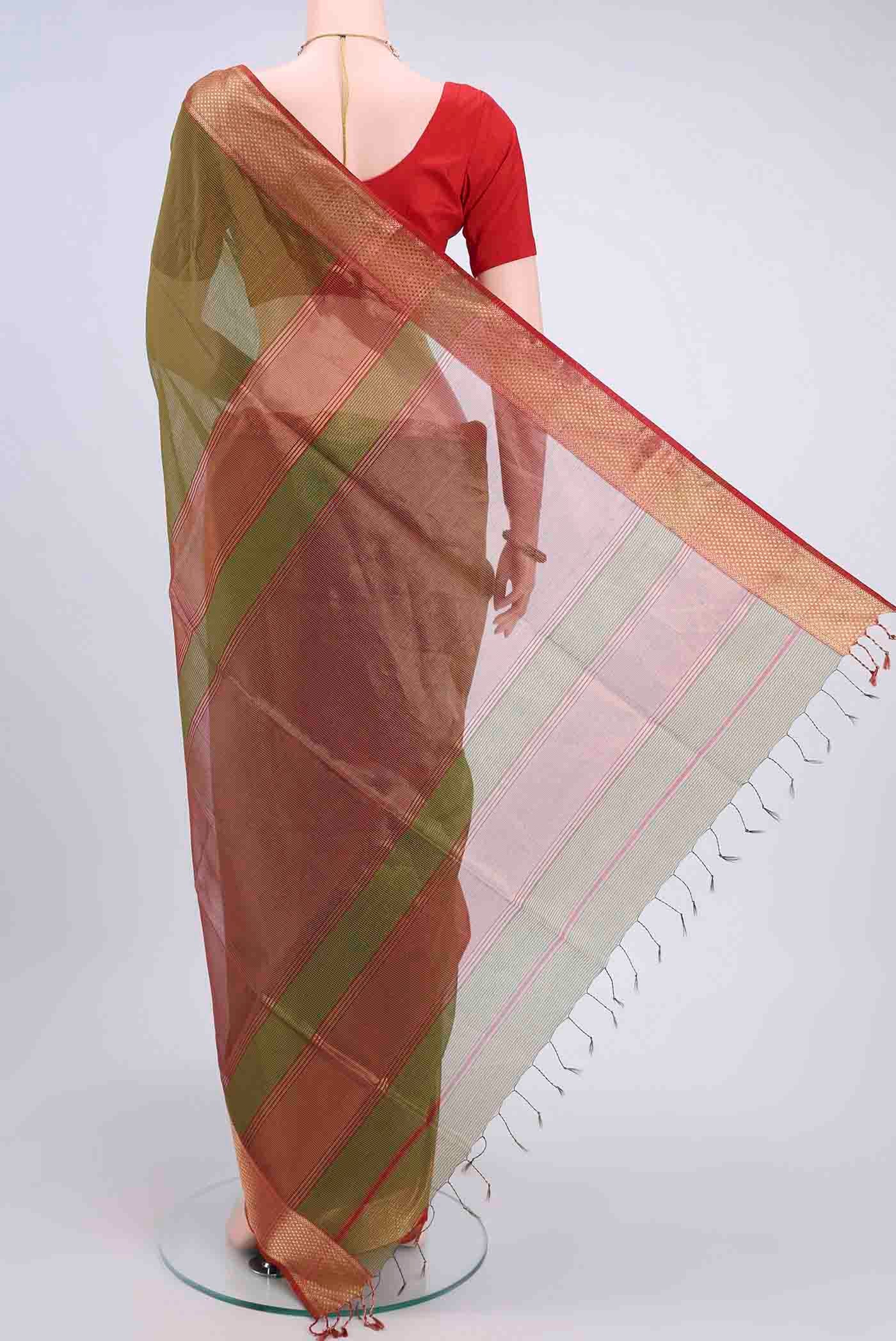 Mehandi Green Maheshwari Silk Cotton Saree - Image 3