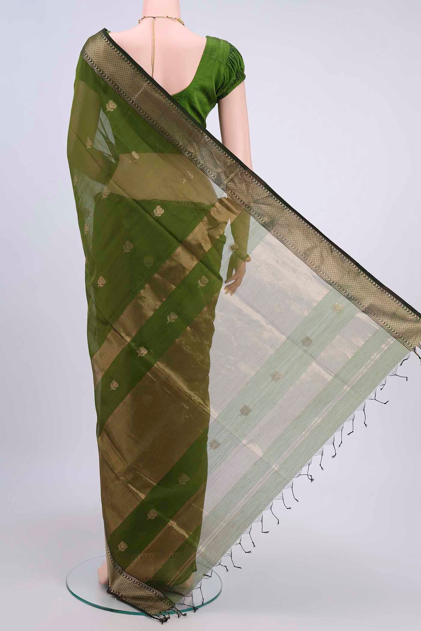 Mehandi Green Maheshwari Silk Cotton Saree - Image 3