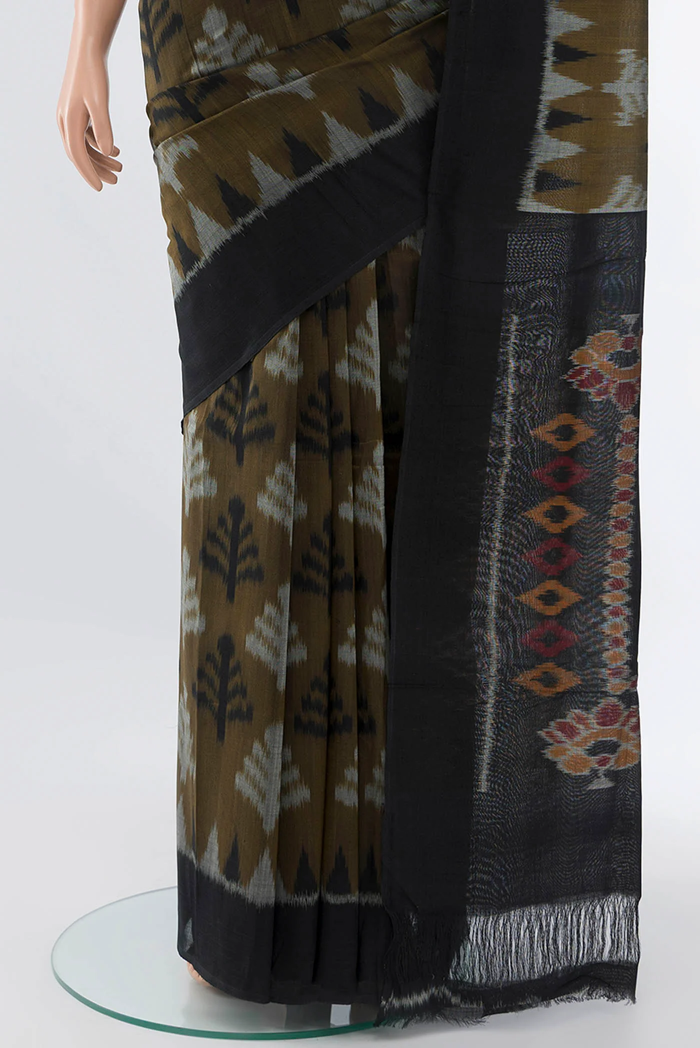 Mehandi Green Pochampally Cotton Saree - Image 3