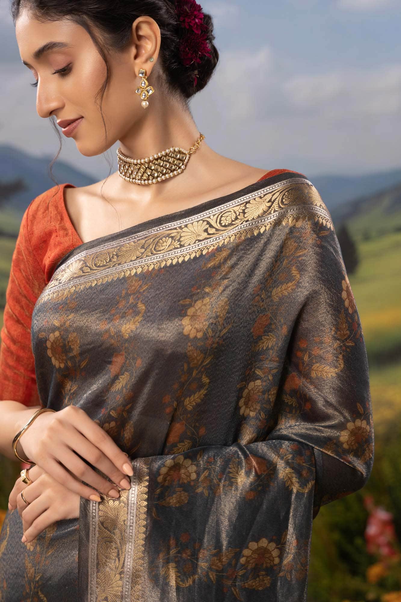 Midnight Celesete-Navy Blue Cotton Tissue Saree - Image 2