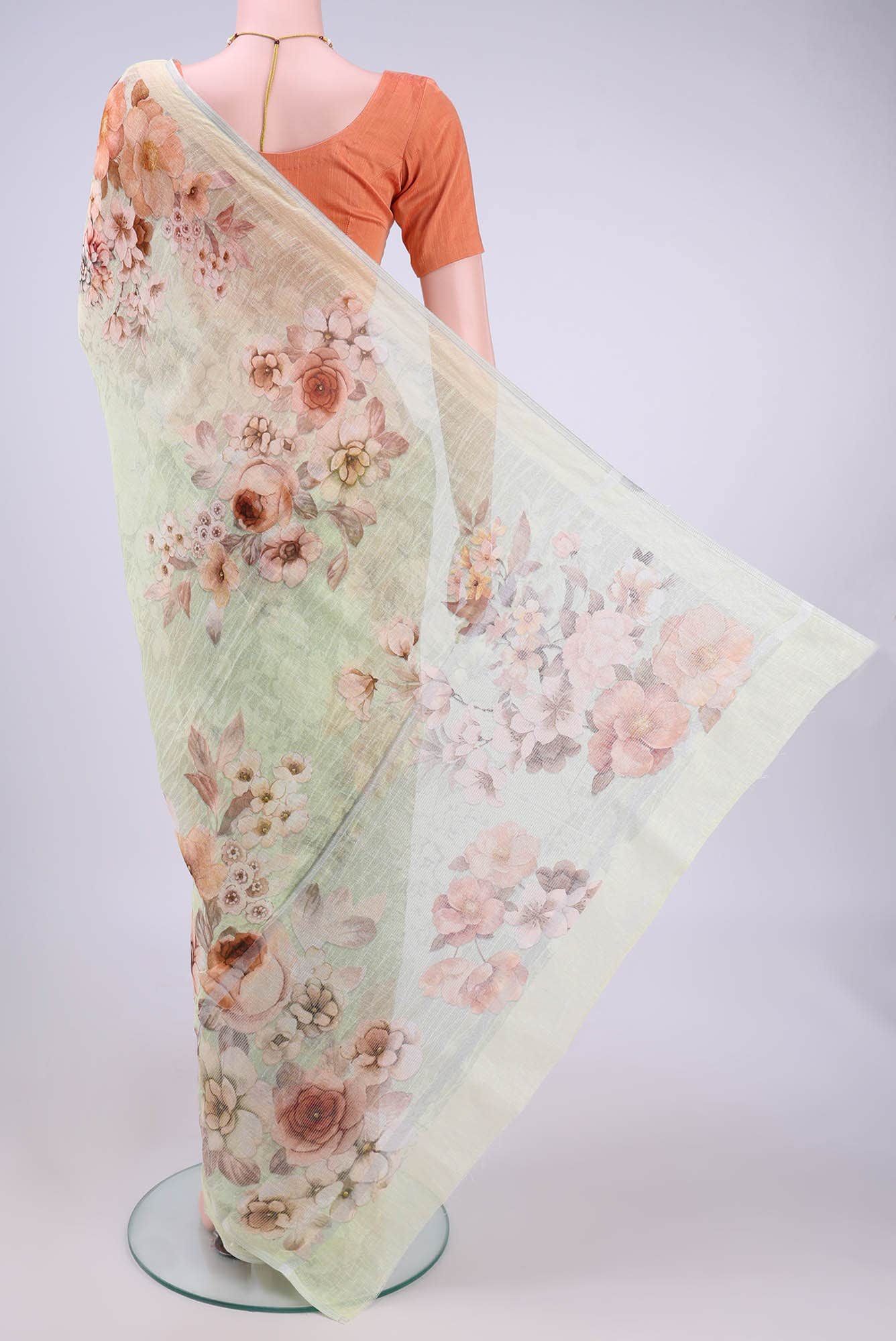 Mint Green Linen Cotton Saree - Image 2