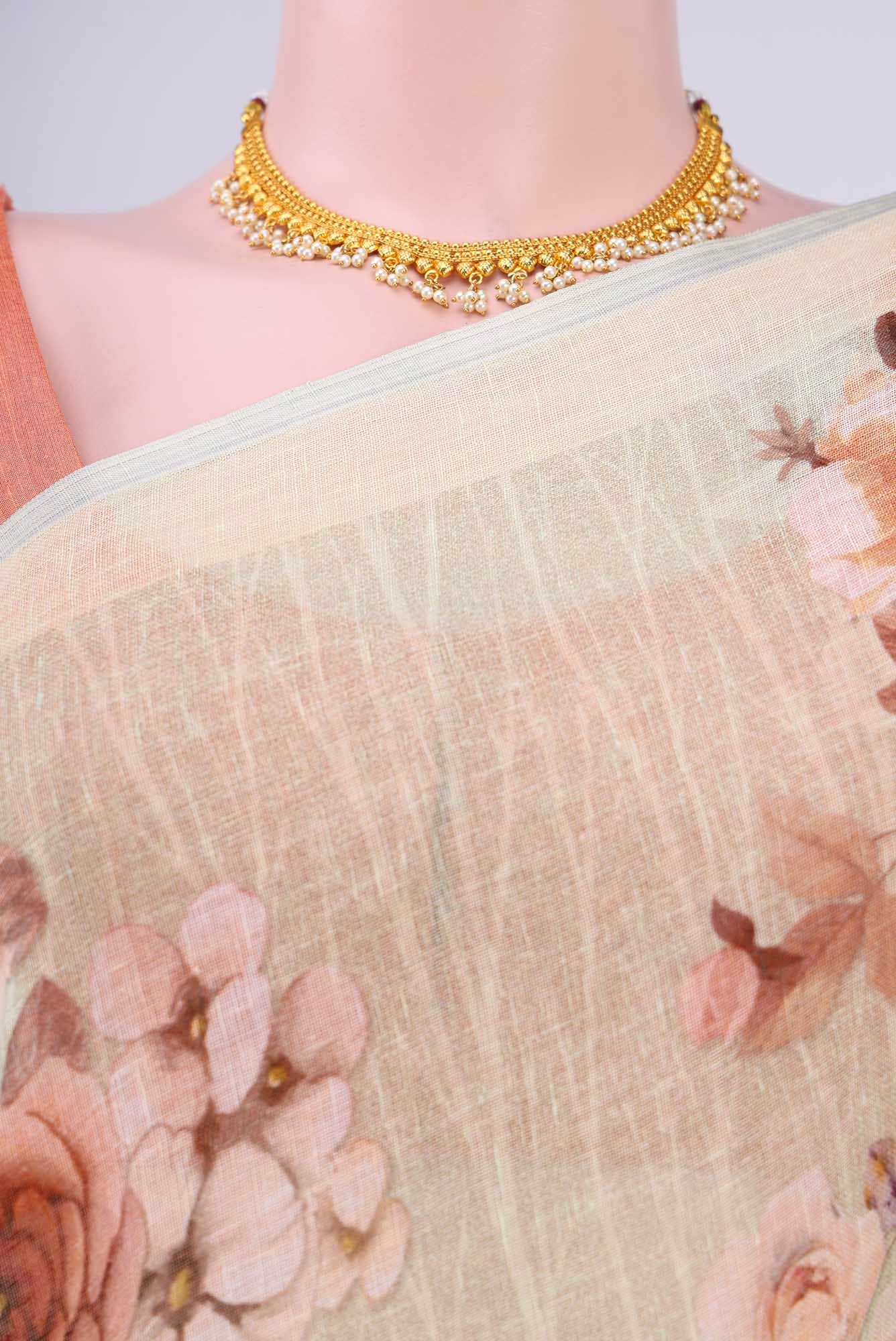 Mint Green Linen Cotton Saree - Image 3
