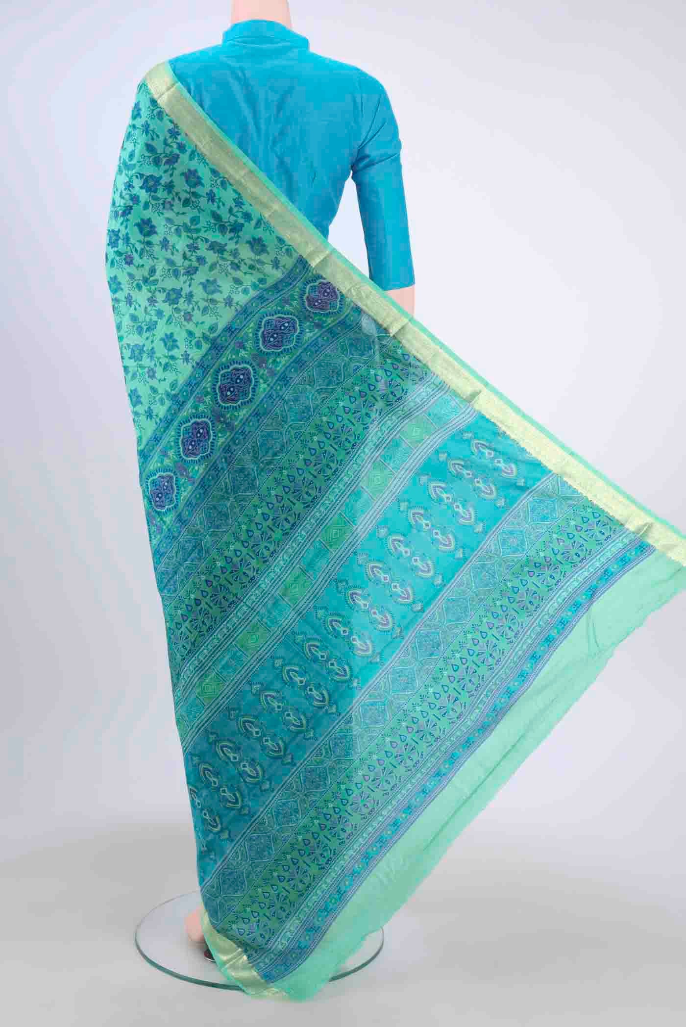 Mint Green Printed Silk Saree - Image 3