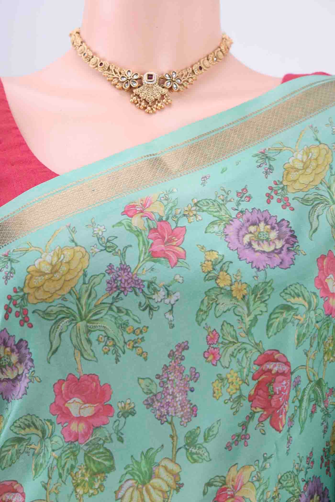 Mint Green Printed Silk Saree - Image 2