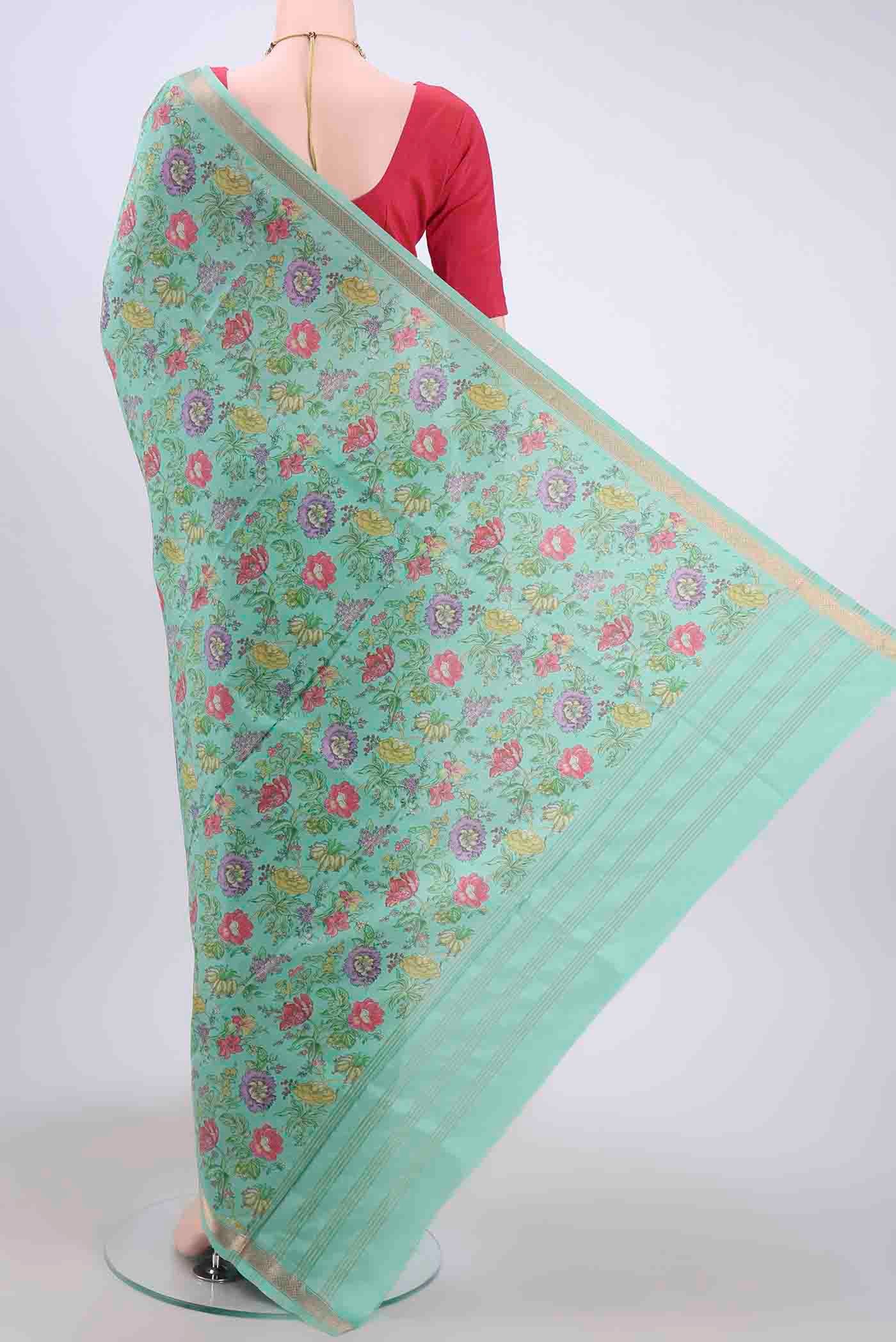 Mint Green Printed Silk Saree - Image 3
