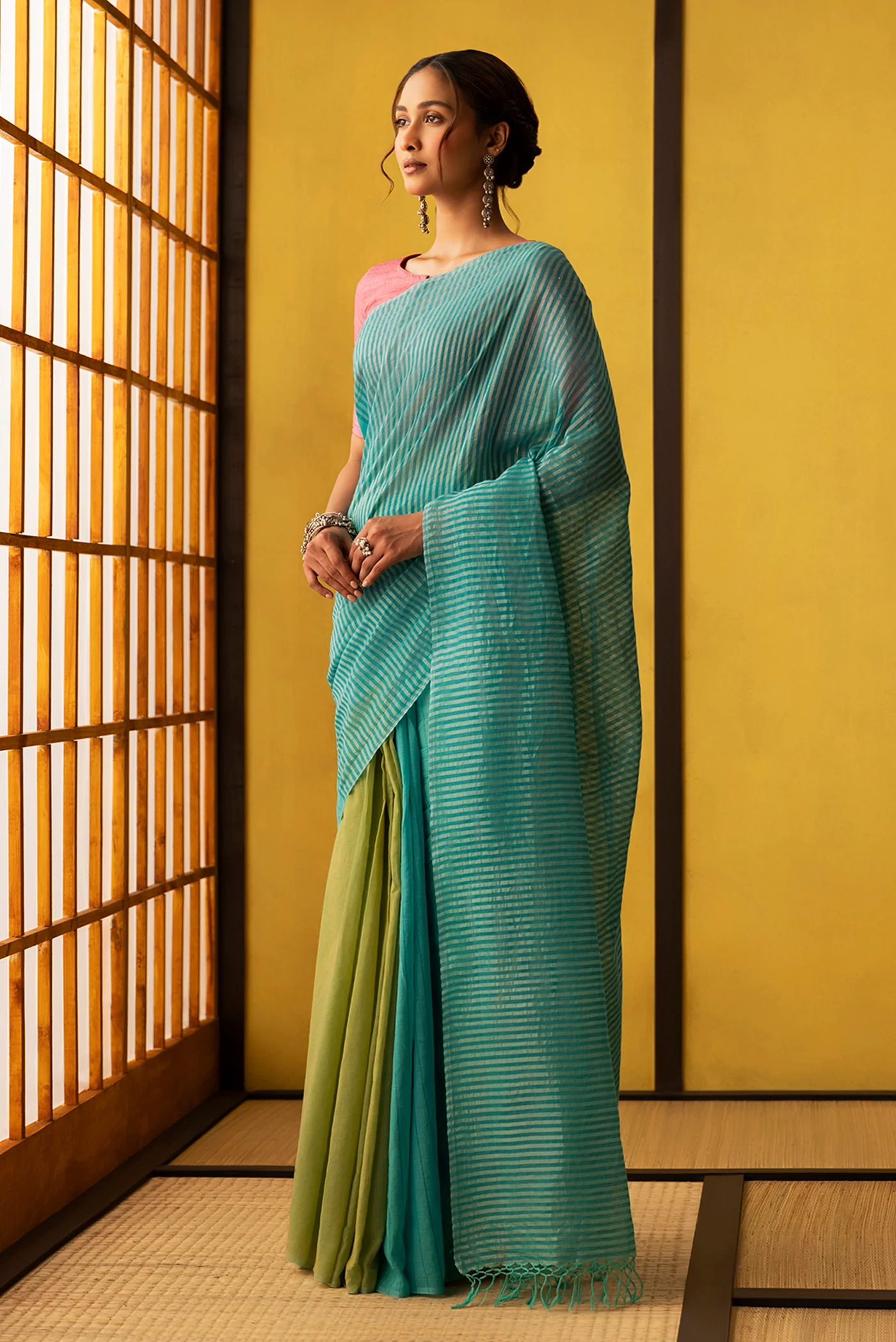 Mogra-Blue with Green Half and Half Cotton Saree - Image 3