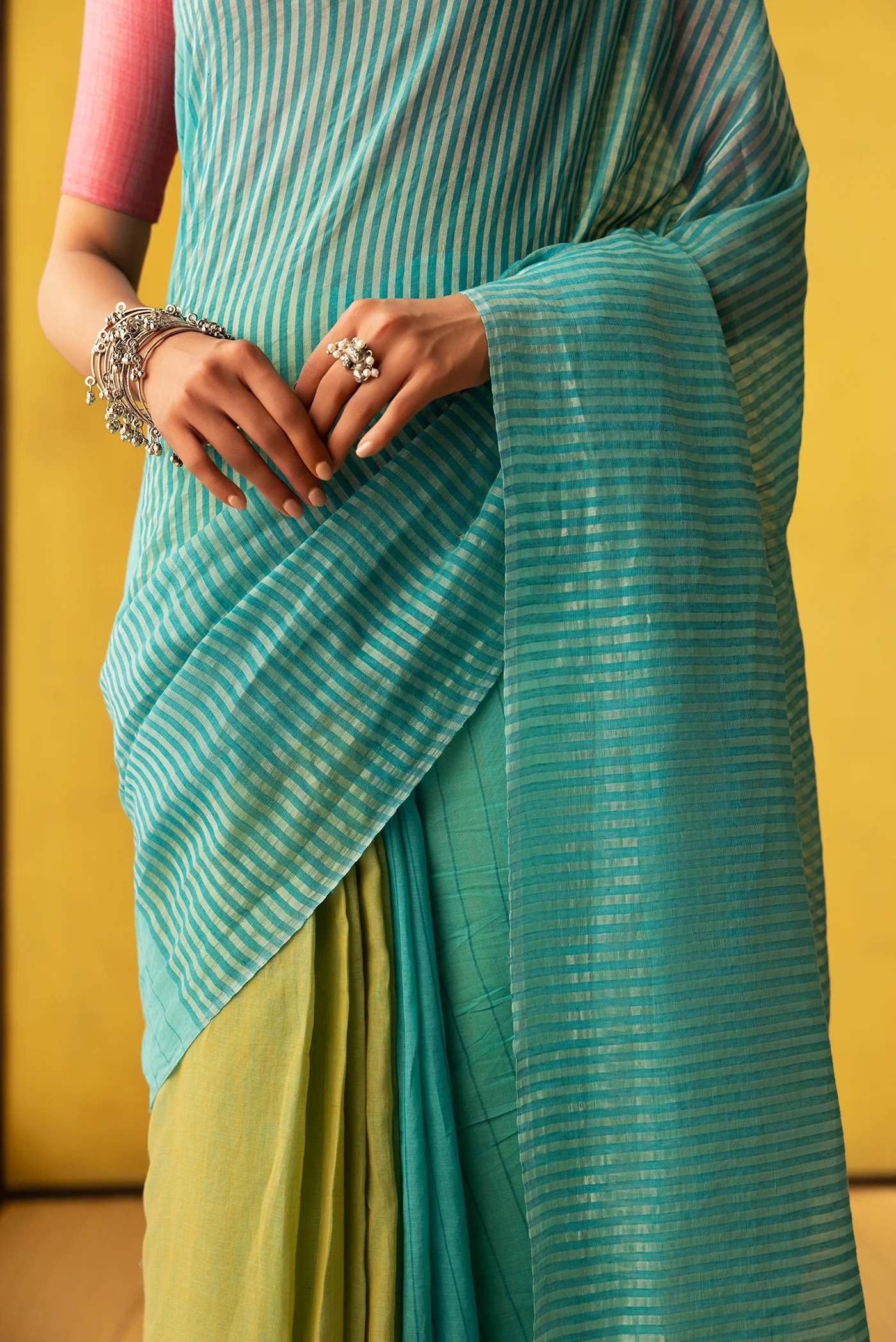 Mogra-Blue with Green Half and Half Cotton Saree - Image 4