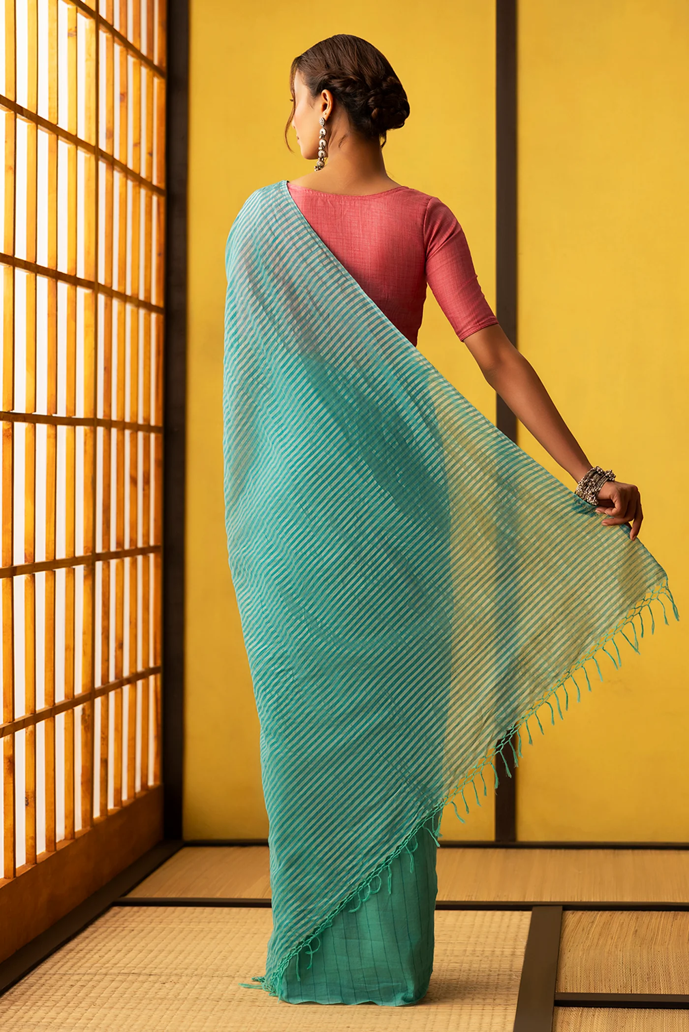 Mogra-Blue with Green Half and Half Cotton Saree - Image 6