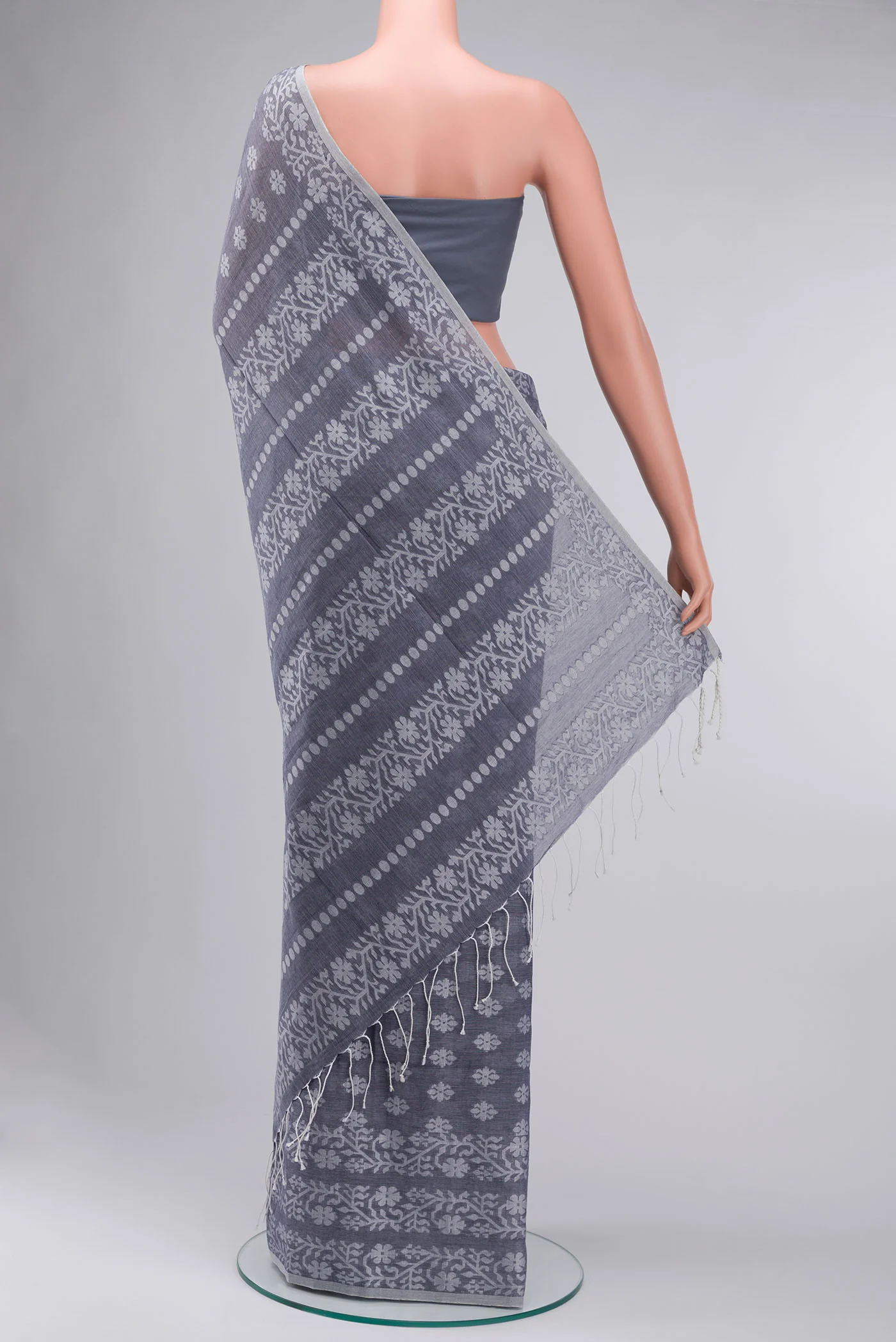Mrinal-Greyish Blue Bengal Cotton Saree - Image 7