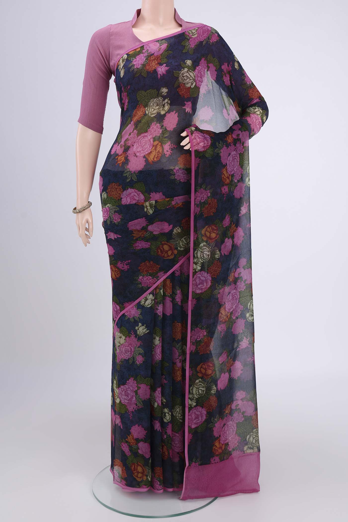 Navy Blue Mysore Chiffon Saree