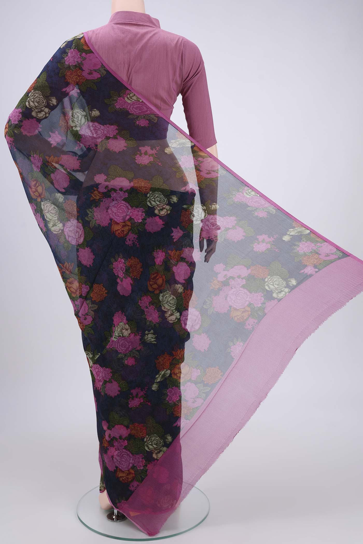 Navy Blue Mysore Chiffon Saree - Image 3