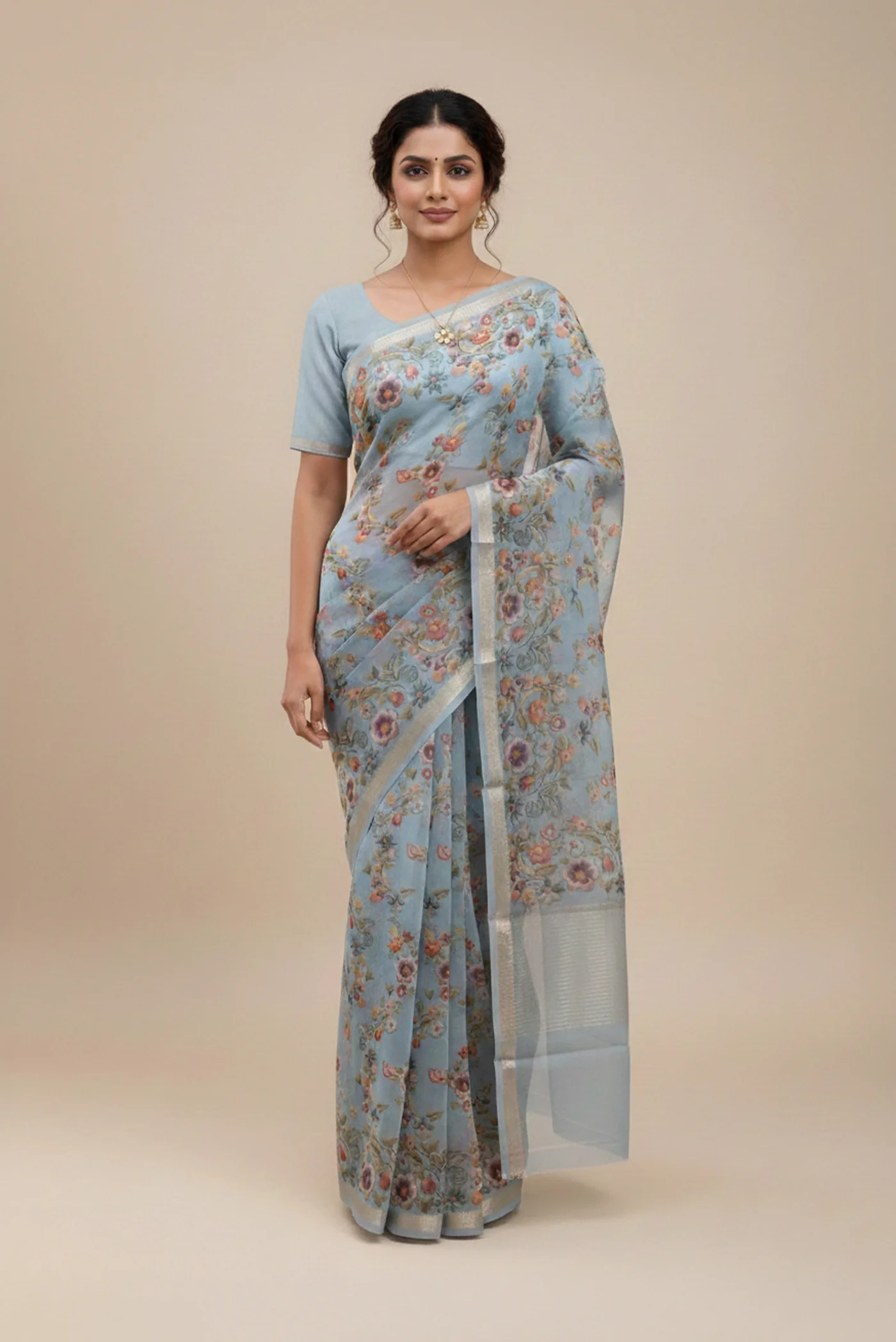 Sky Blue Organza Silk Saree