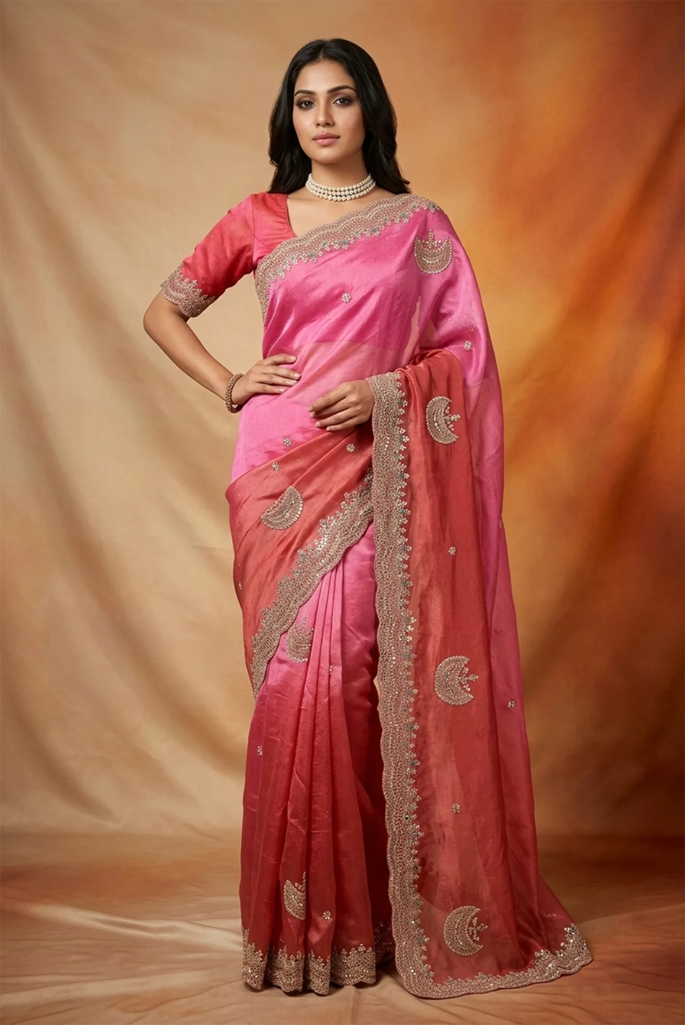 Pink and  Dark Coral Color Organza Silk Saree