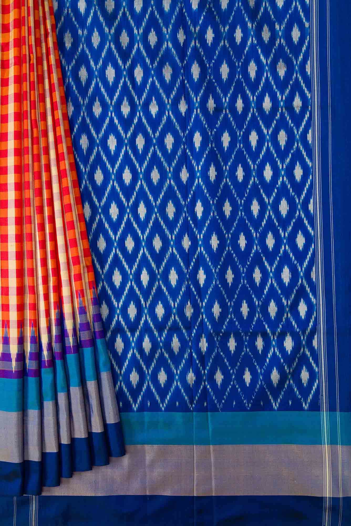 Mustard and Red Dual Tone Double Ikat Saree - Image 2