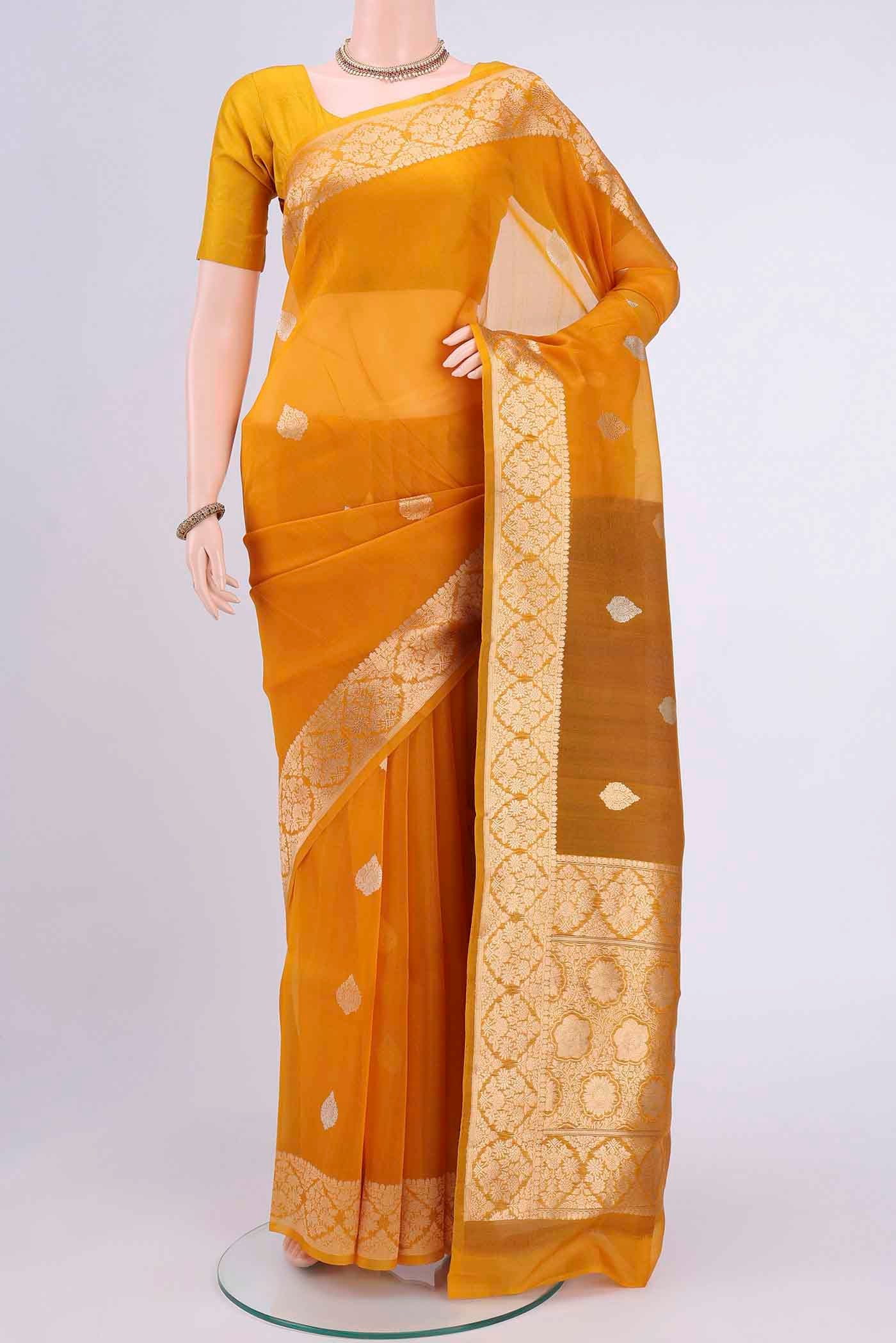 Mustard Banarasi Kora Silk Saree
