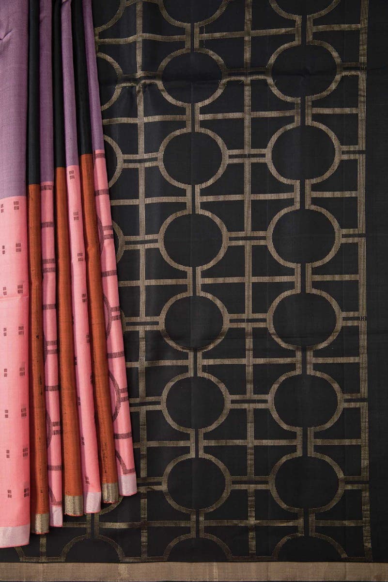 Mustard|Pink|Peach and Black Dual Tone Soft Silk Saree - Image 2