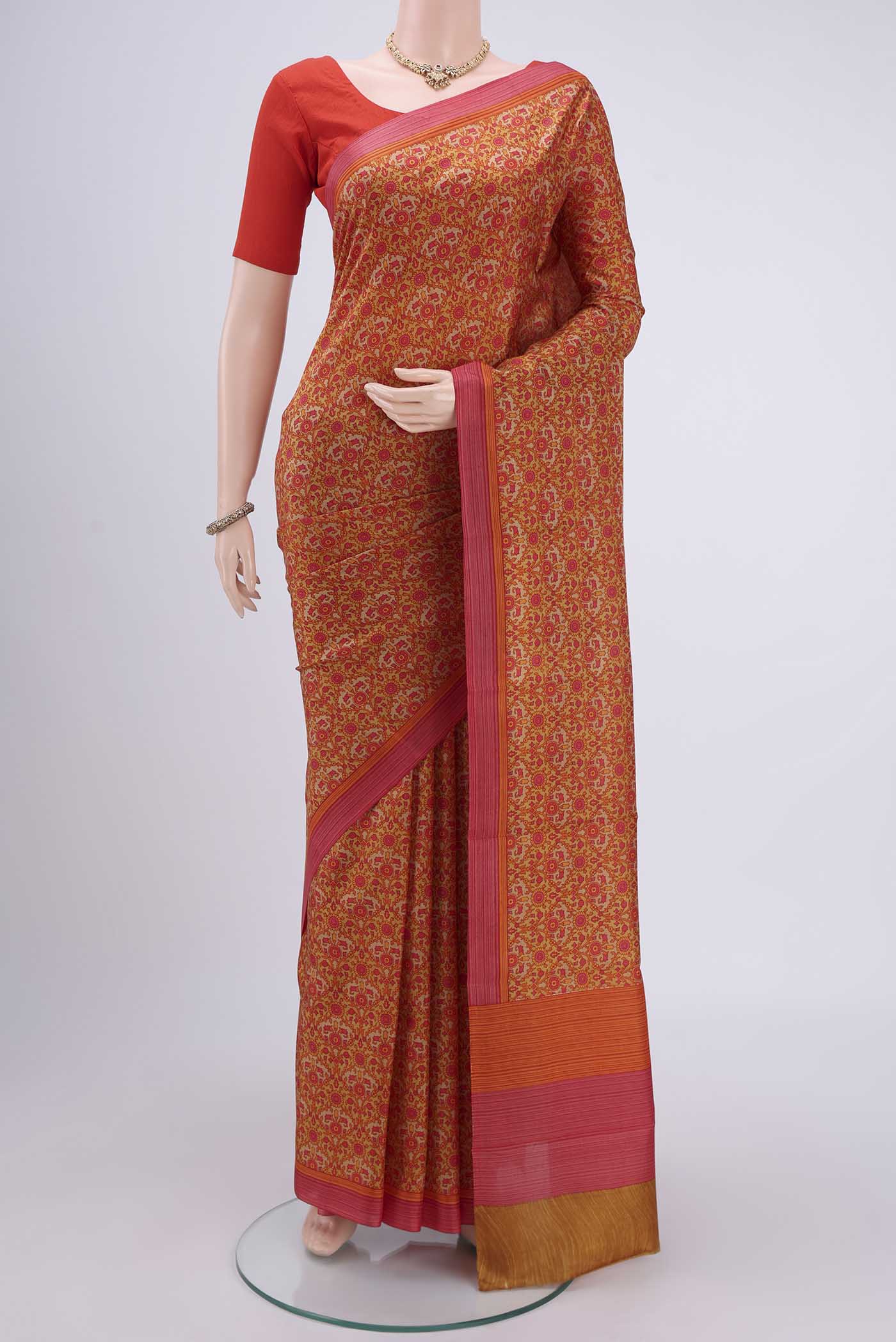 Orange Printed Silk Saree
