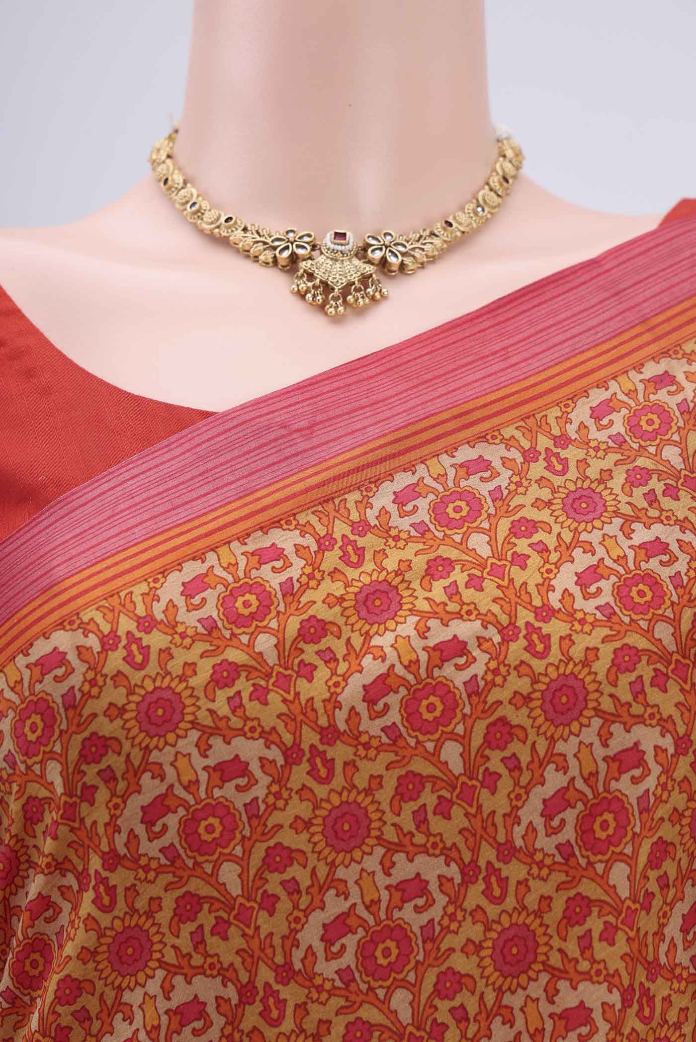 Orange Printed Silk Saree - Image 2