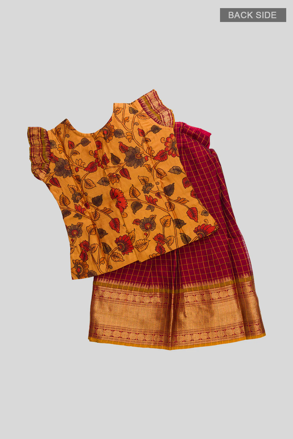 Mustard Readymade Cotton Pavadai Set  | Lehanga & Blouse - Image 3