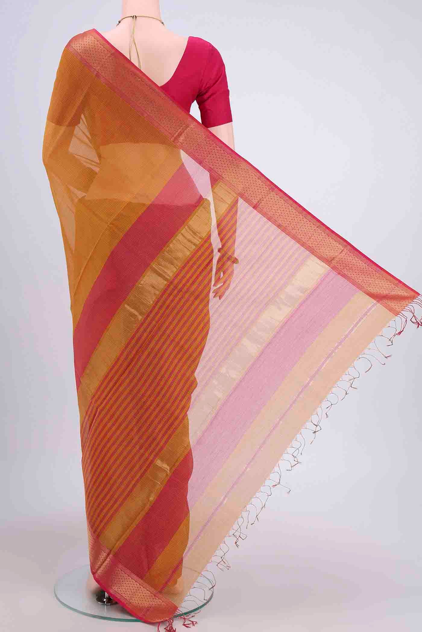 Mustard Maheshwari Silk Cotton Saree - Image 3