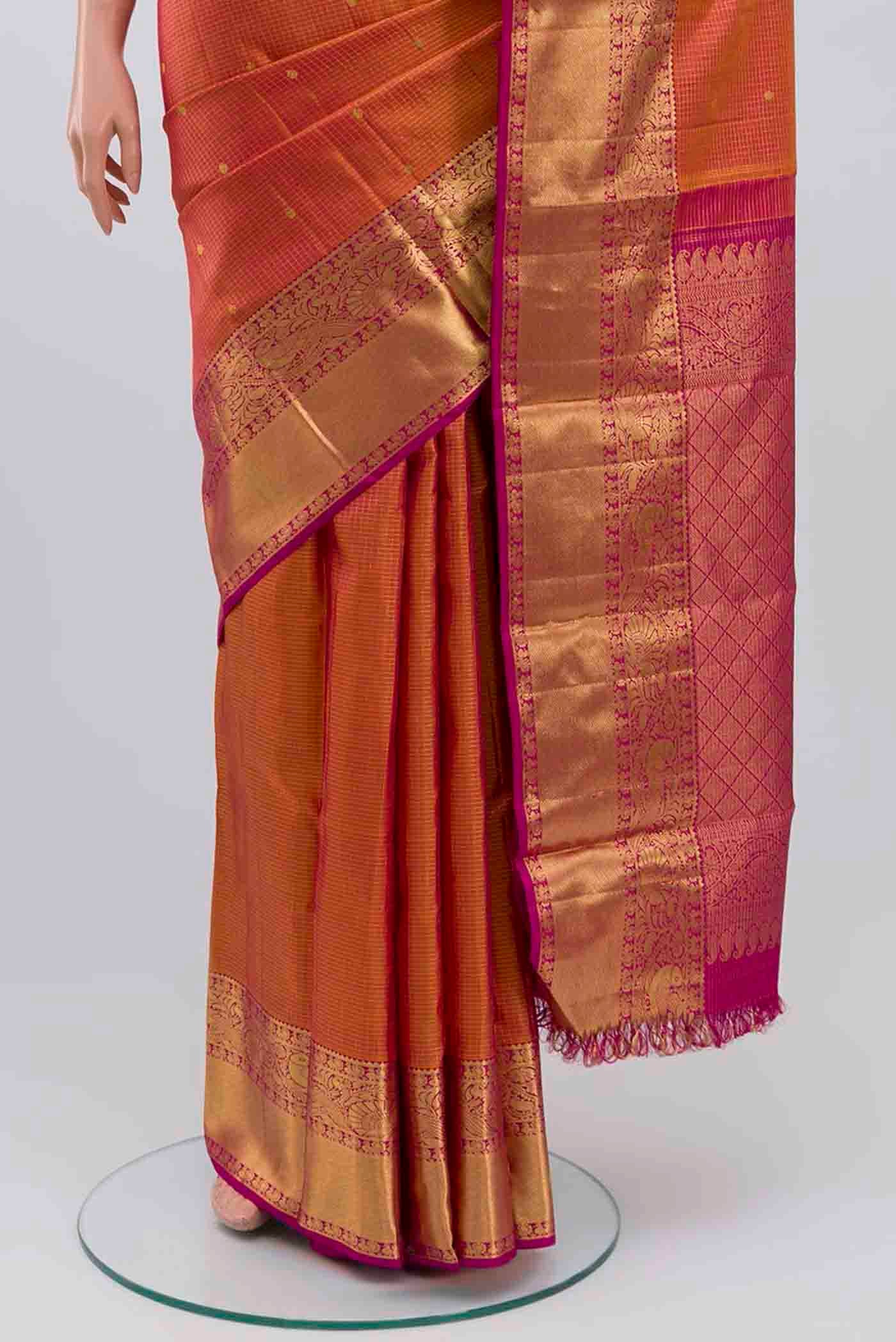 Pink with Mustard Color Kanjivaram Silk Saree - Image 3