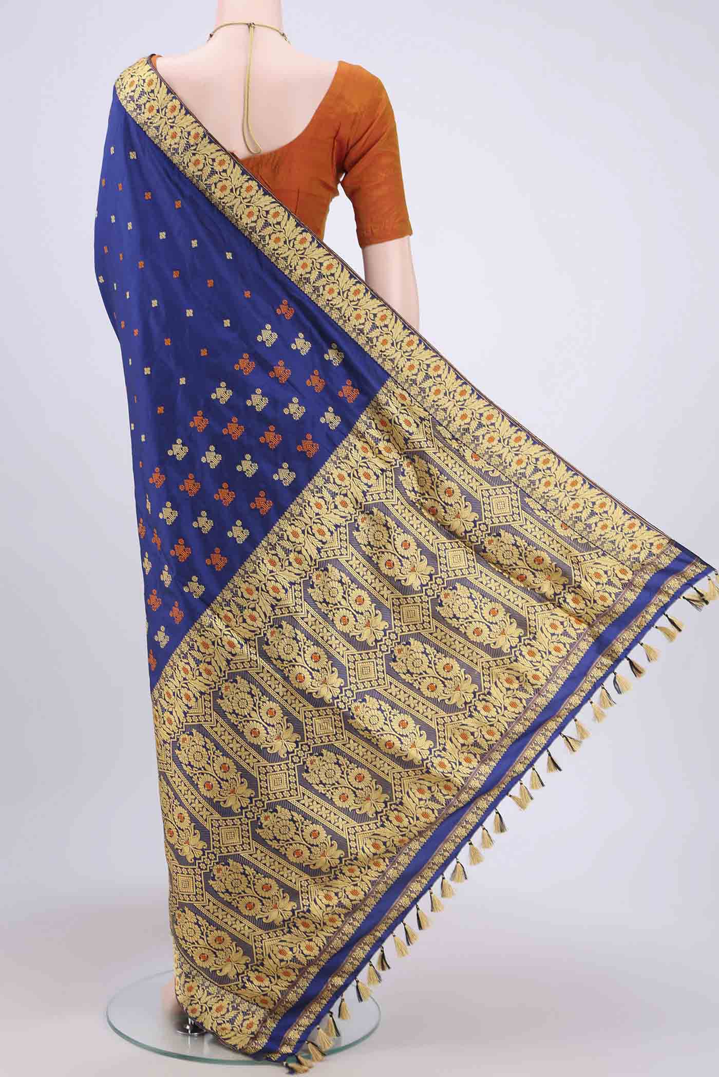 Dark Blue Assam Silk Saree - Image 3