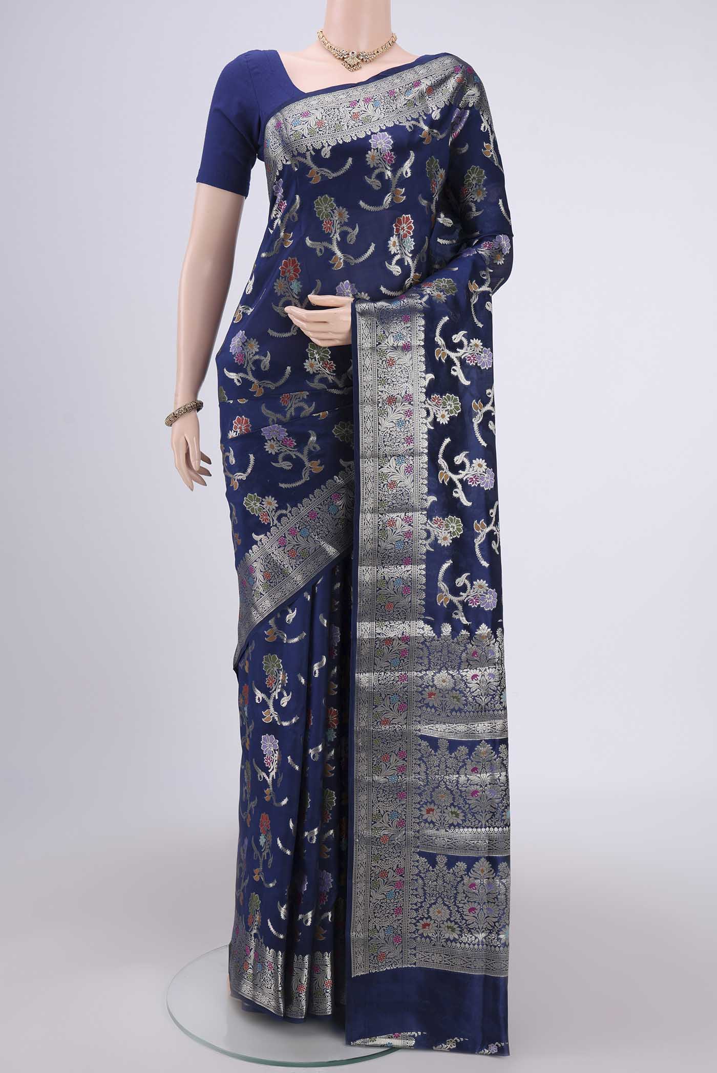 Navy Blue Banarasi Raw Silk Saree