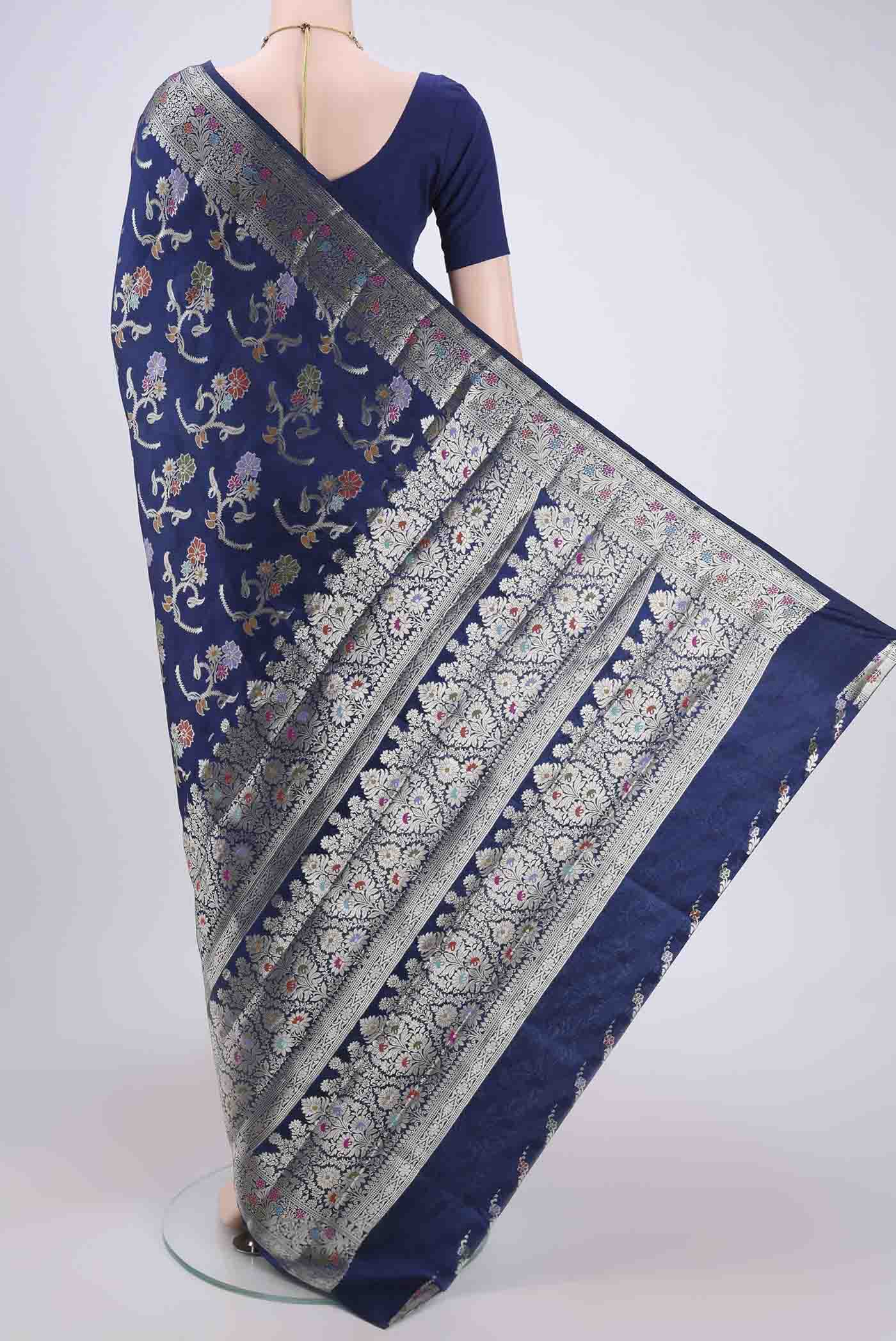 Navy Blue Banarasi Raw Silk Saree - Image 3