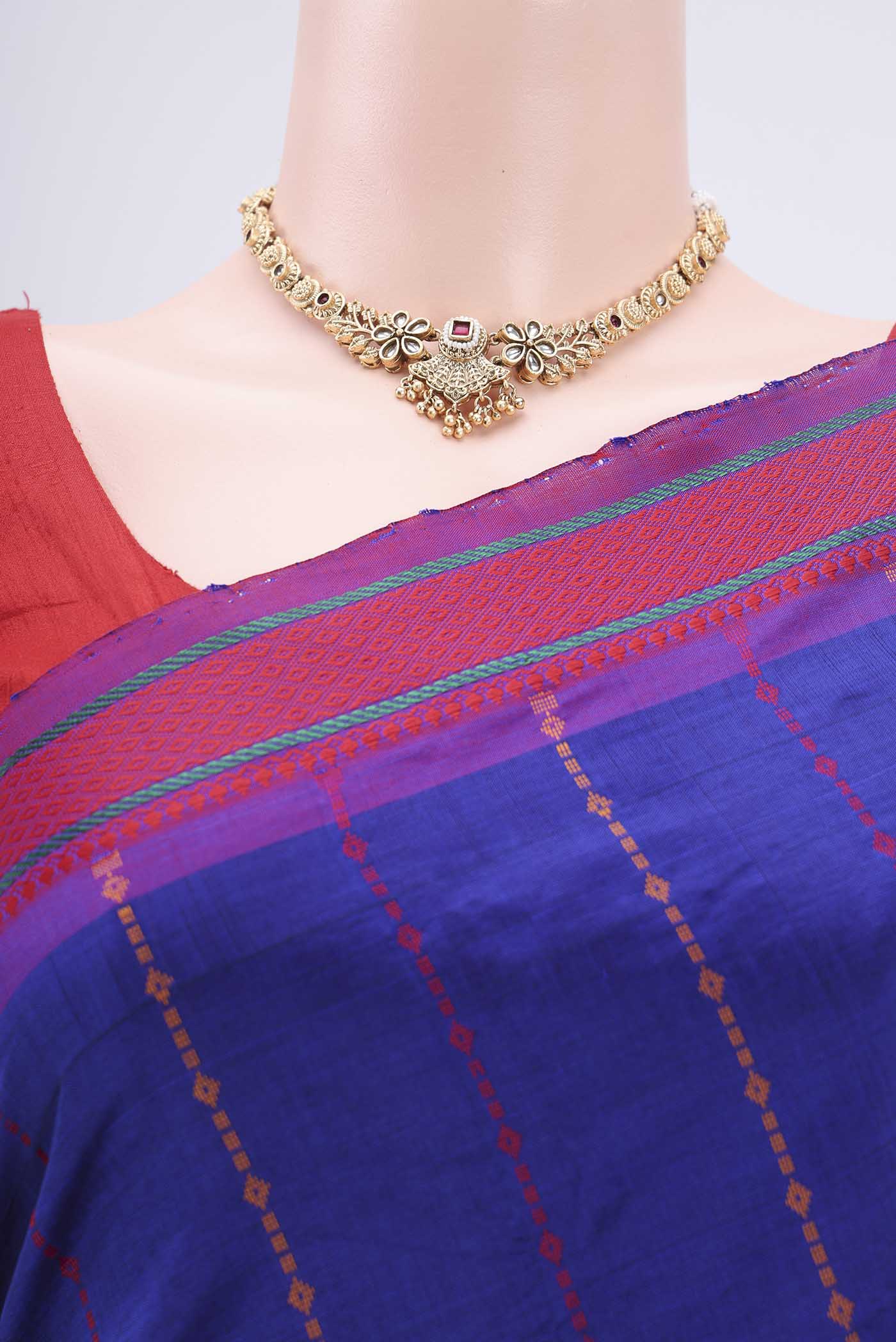Royal Blue Blended Poly Cotton Saree - Image 2