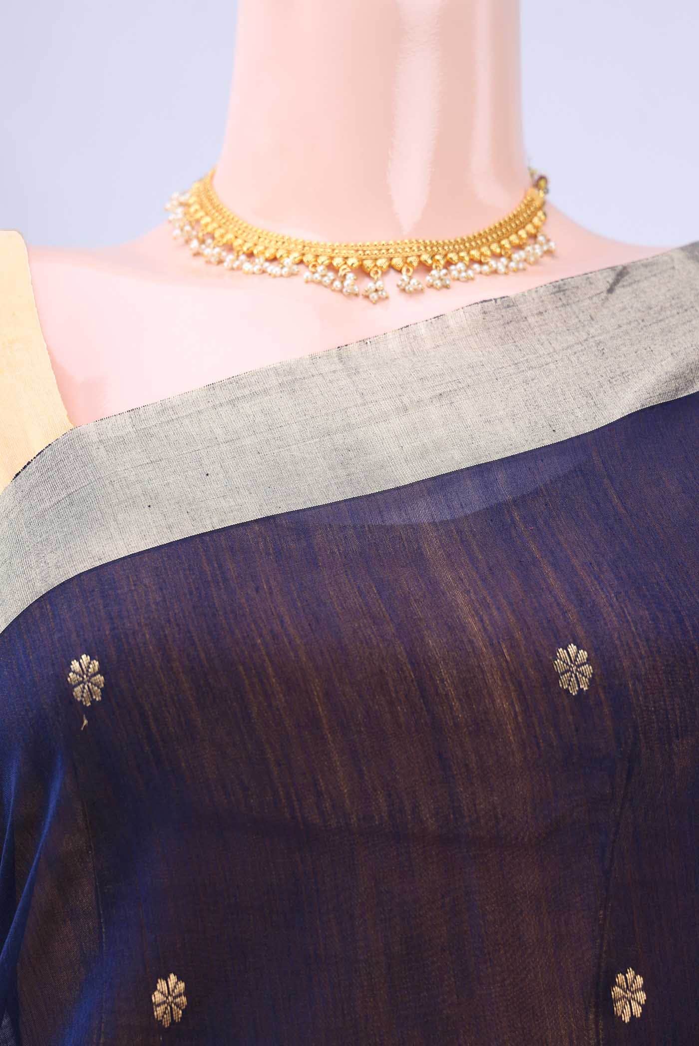 Navy Blue Chanderi Silk Cotton Saree - Image 2