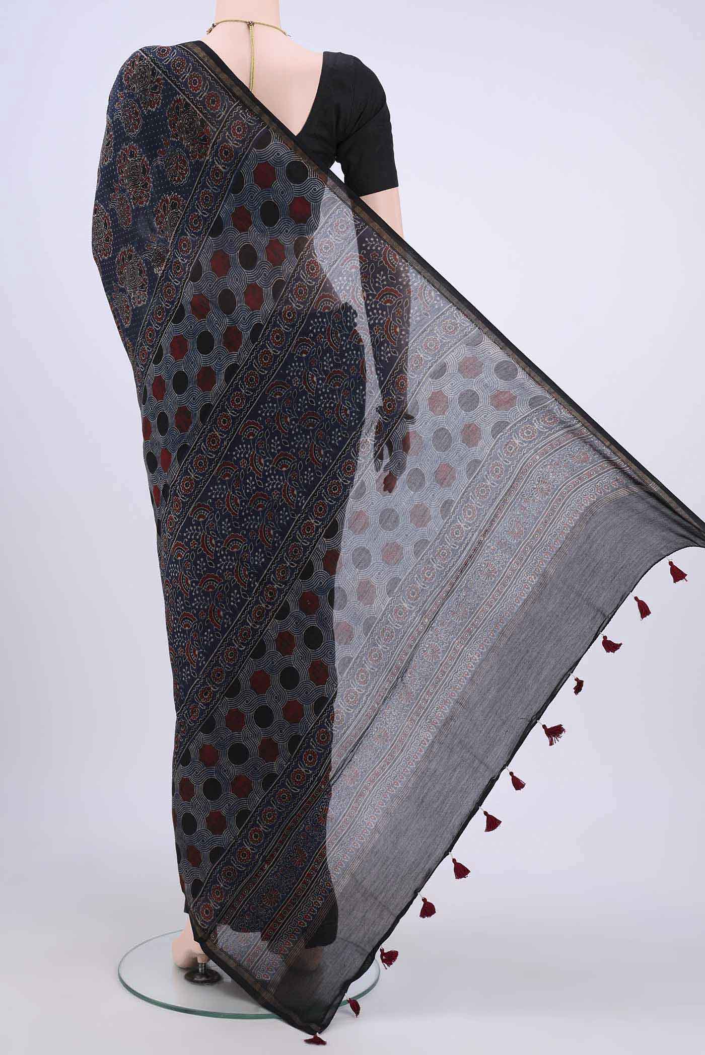 Navy Blue Cotton Saree - Image 3