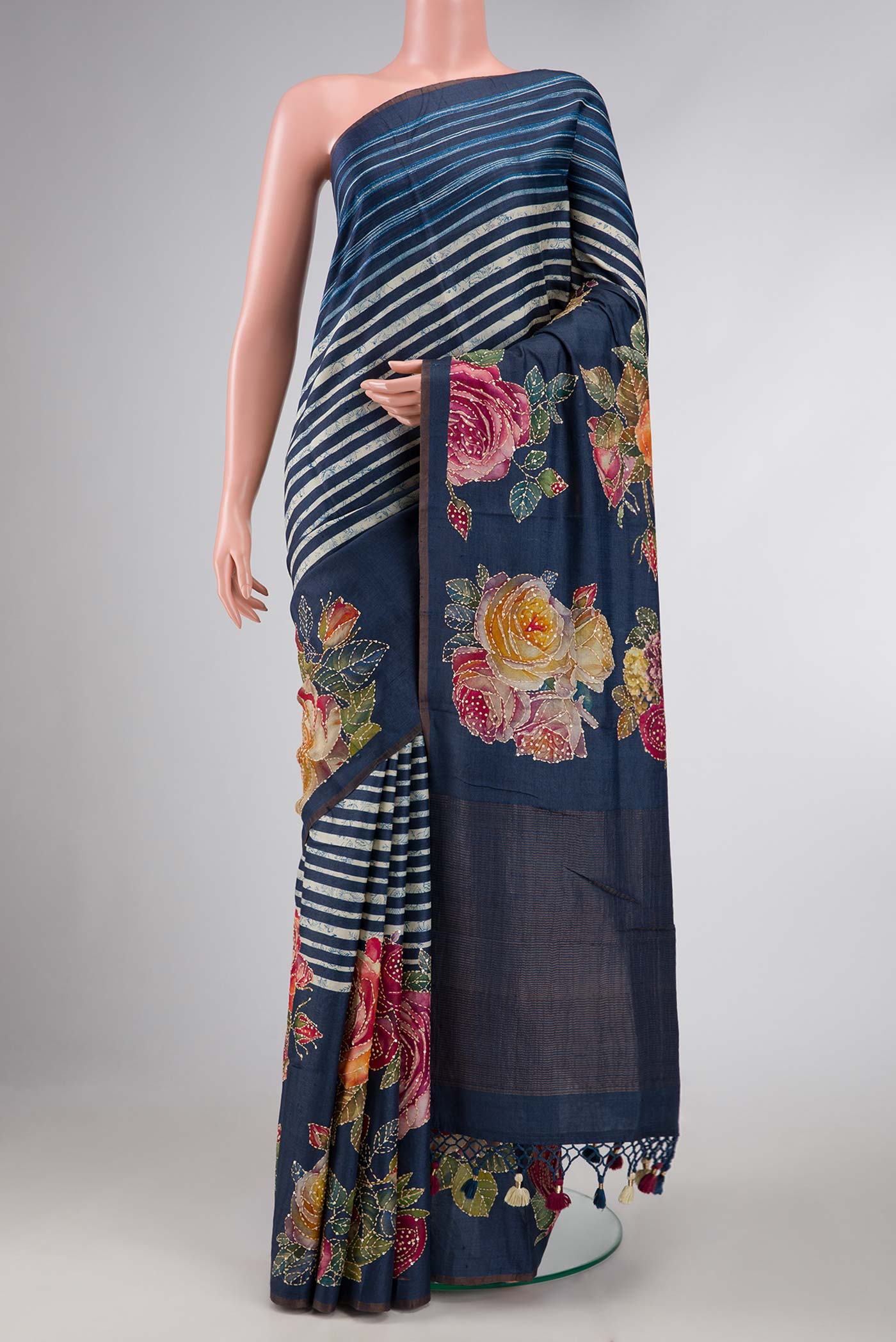 Navy Blue Dual Tone Tussar Silk Saree