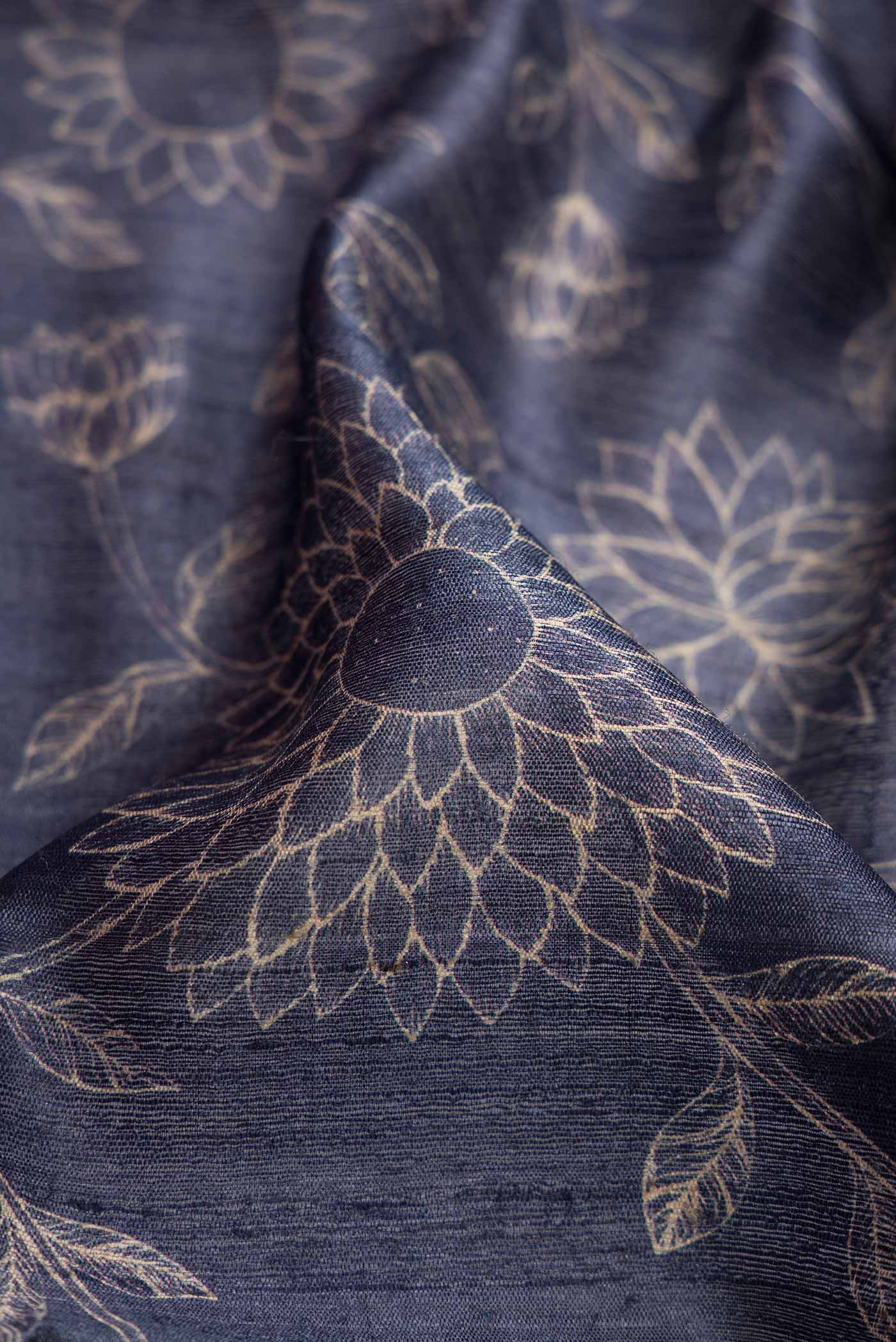 Navy Blue Tussar Silk Saree - Image 2