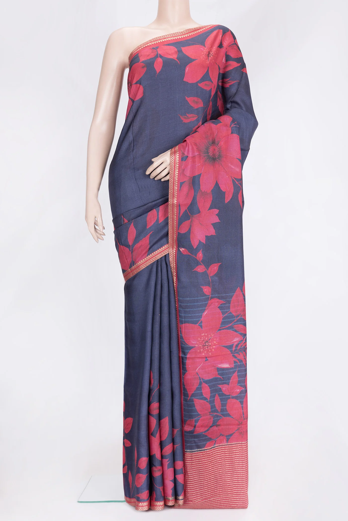 Navy Blue Tussar Silk Saree