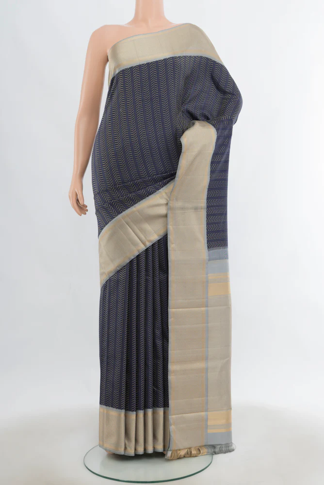 Pure Silk Pure Zari Navy Blue Kanchipuram Saree