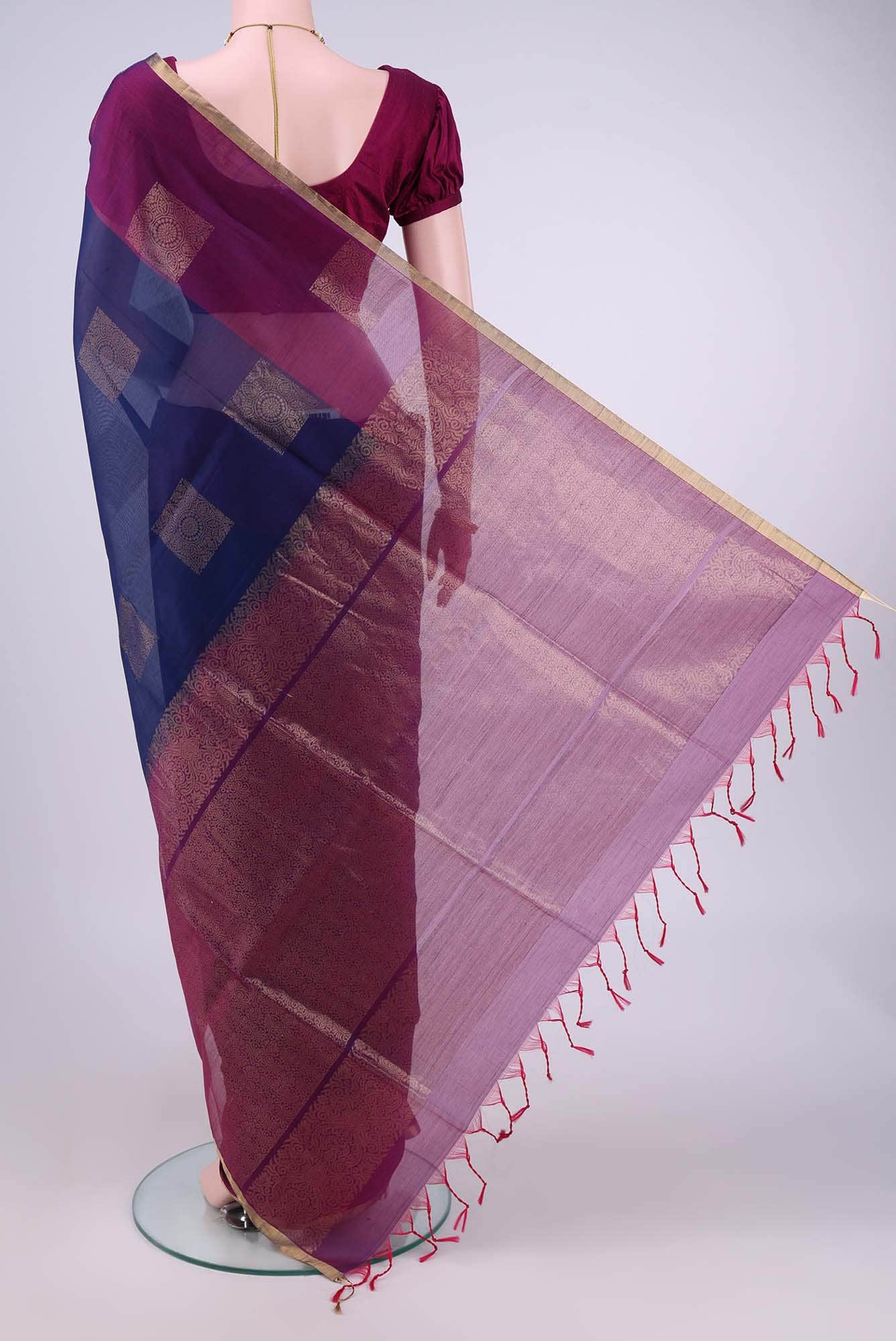 Navy Blue Kora Cotton Saree - Image 2