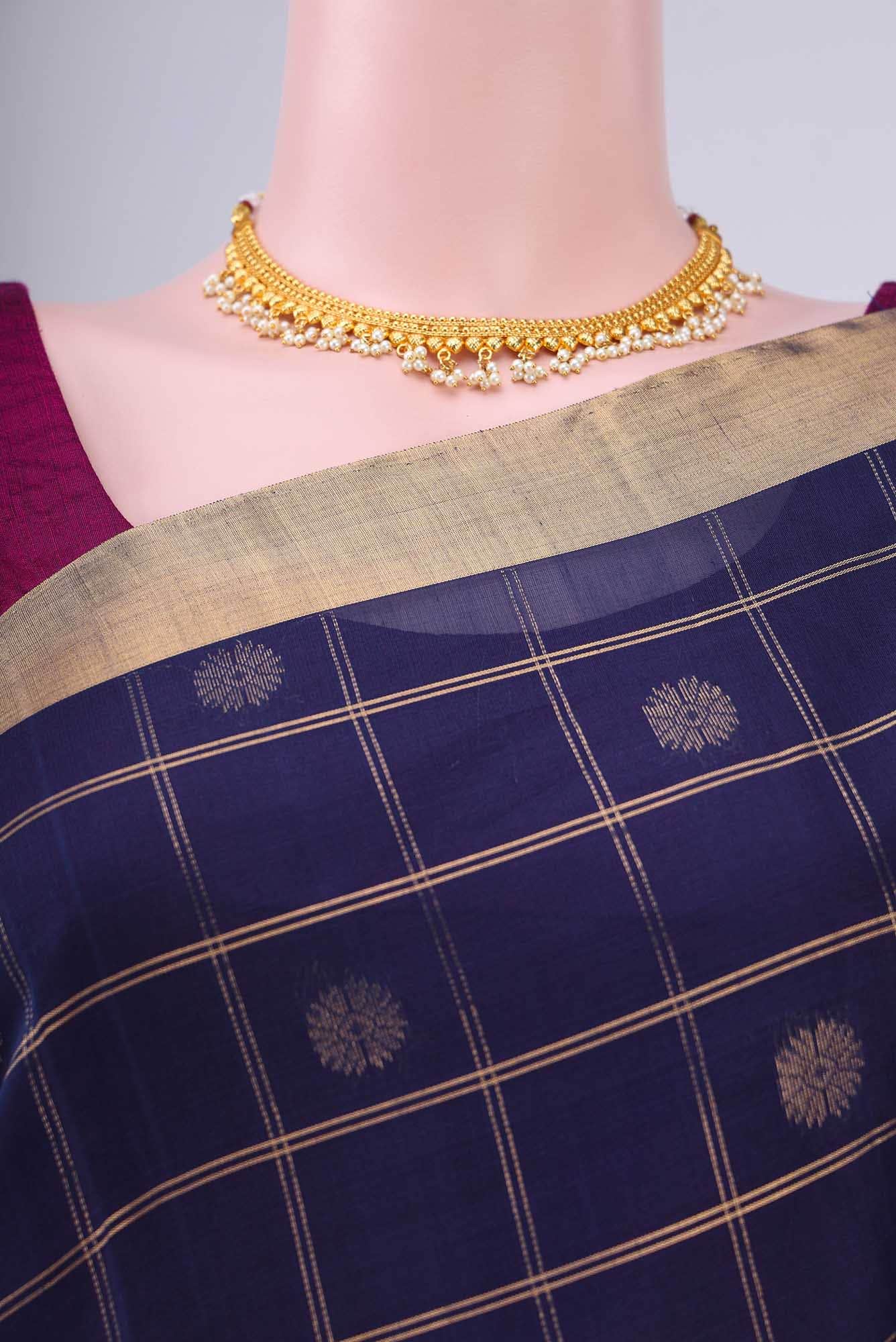 Navy Blue Kora Cotton Saree - Image 3
