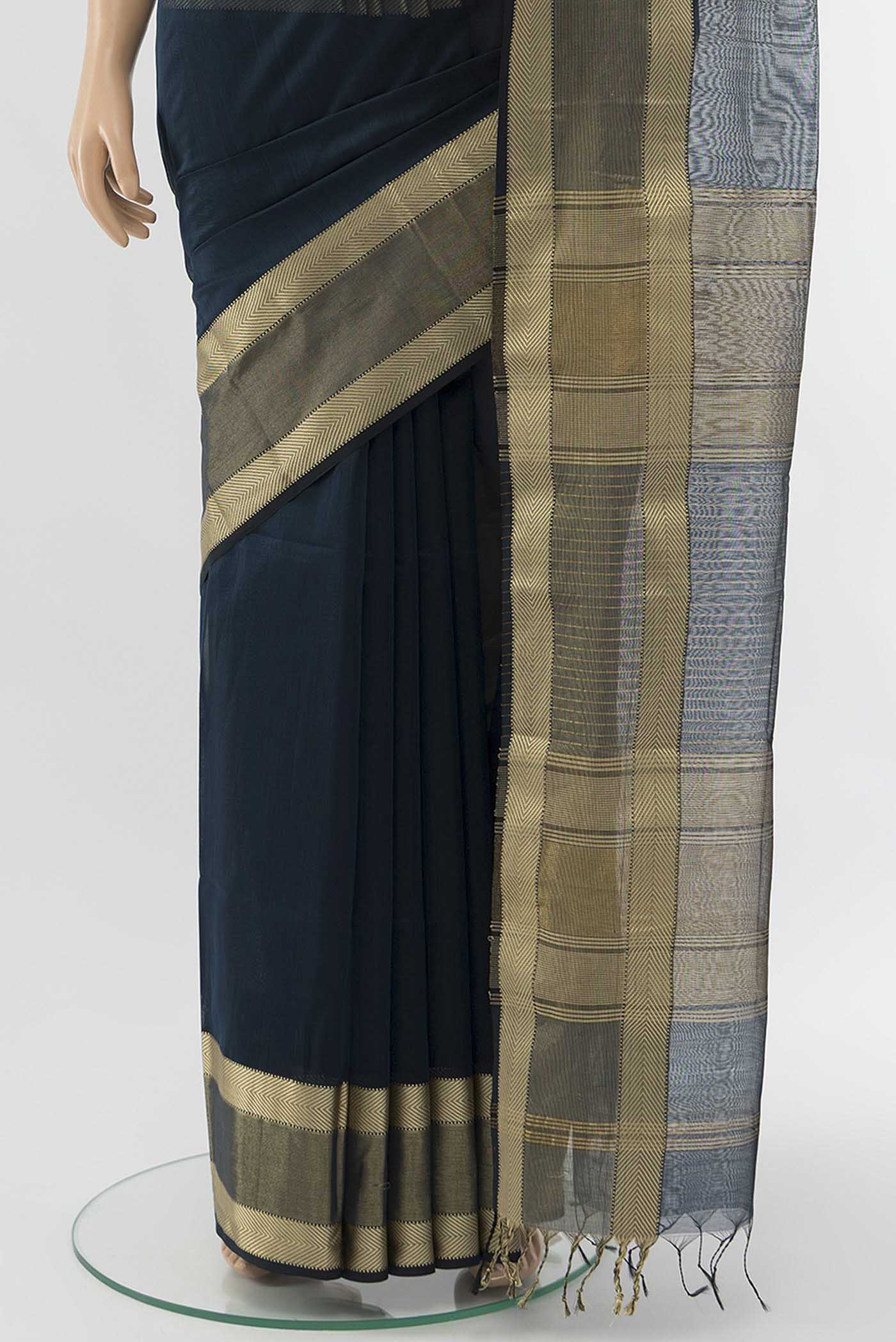 Navy Blue Maheshwari Silk Cotton Saree - Image 3