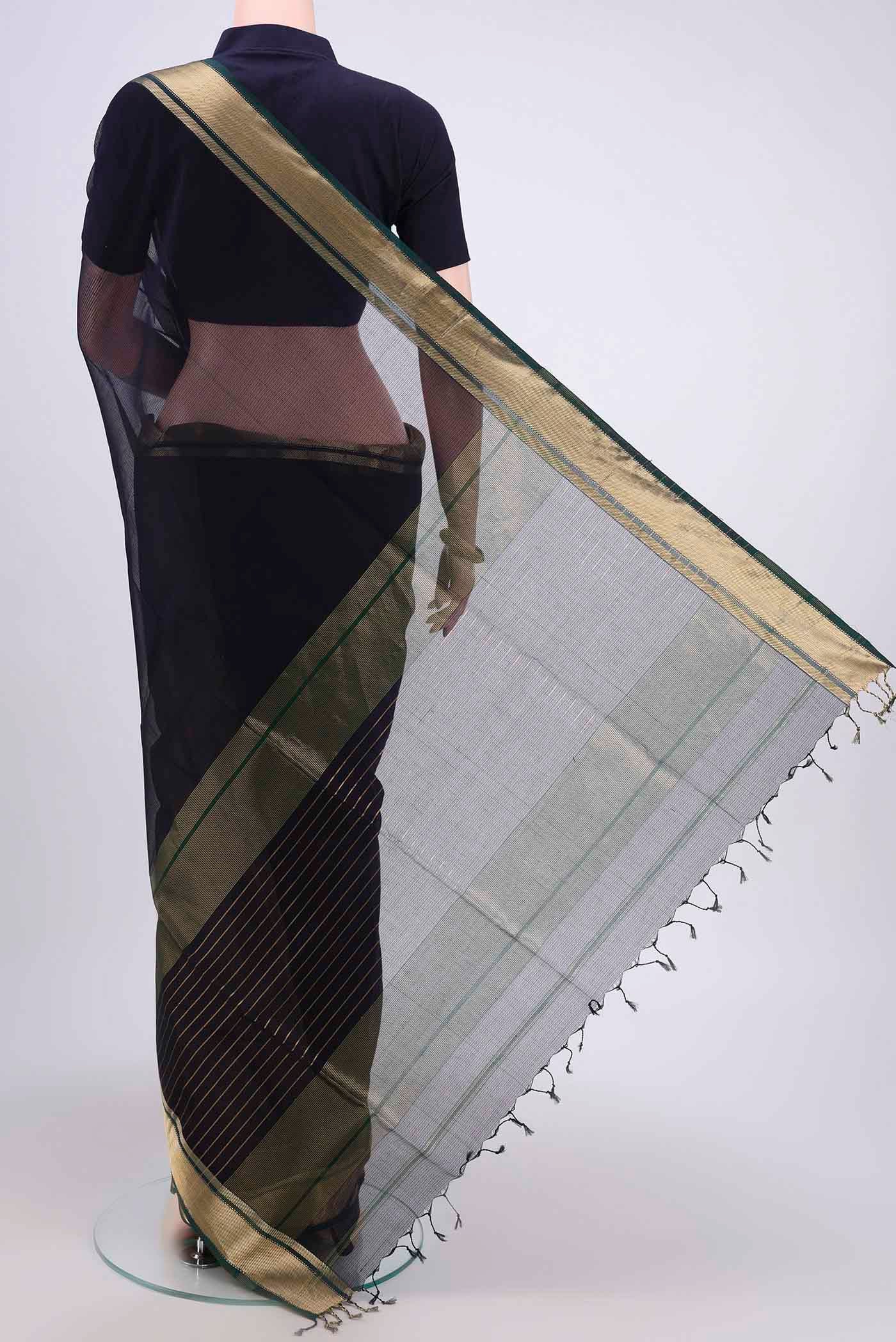 Navy Blue Maheshwari Silk Cotton Saree - Image 3