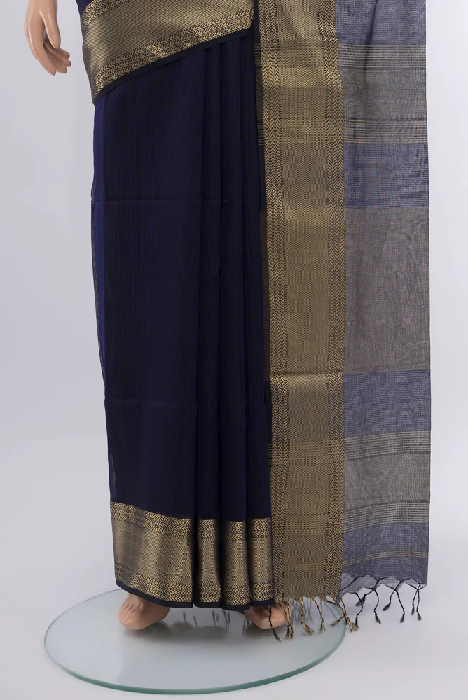 Navy Blue Maheshwari Silk Cotton Saree - Image 3