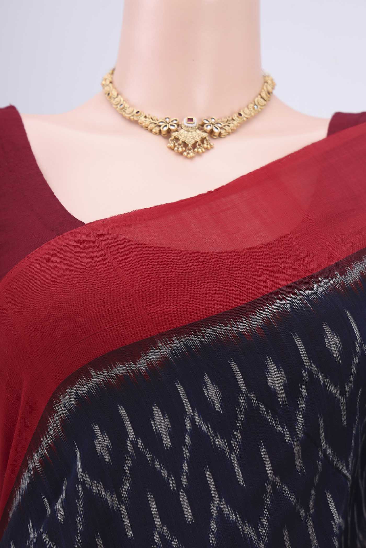 Navy Blue Pochampally Cotton Saree - Image 2